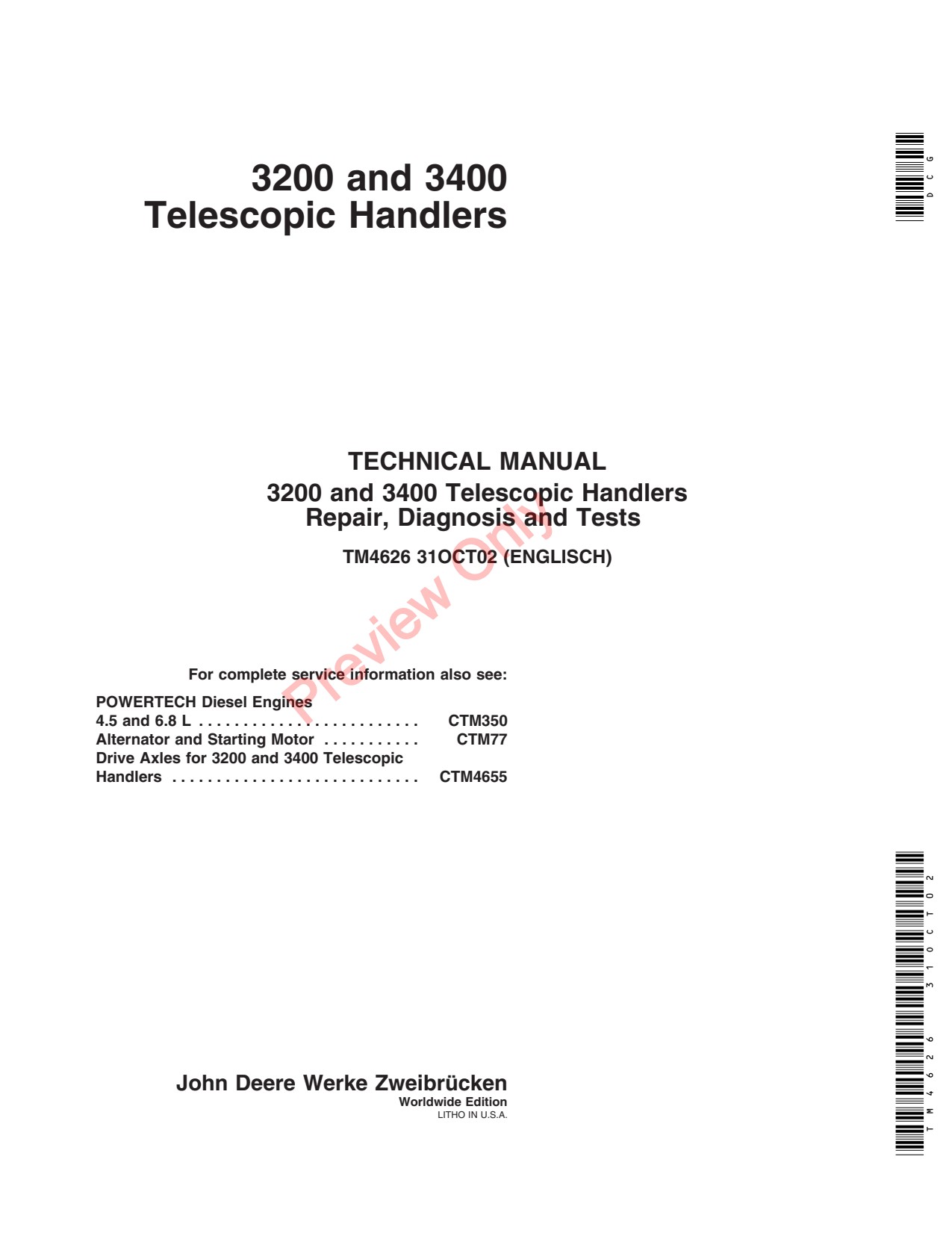 John Deere 3200 3400 Rigid Telehandler Technical Manual TM4626 1 John Deere 3200 3400 Rigid Telehandler Technical Manual TM4626