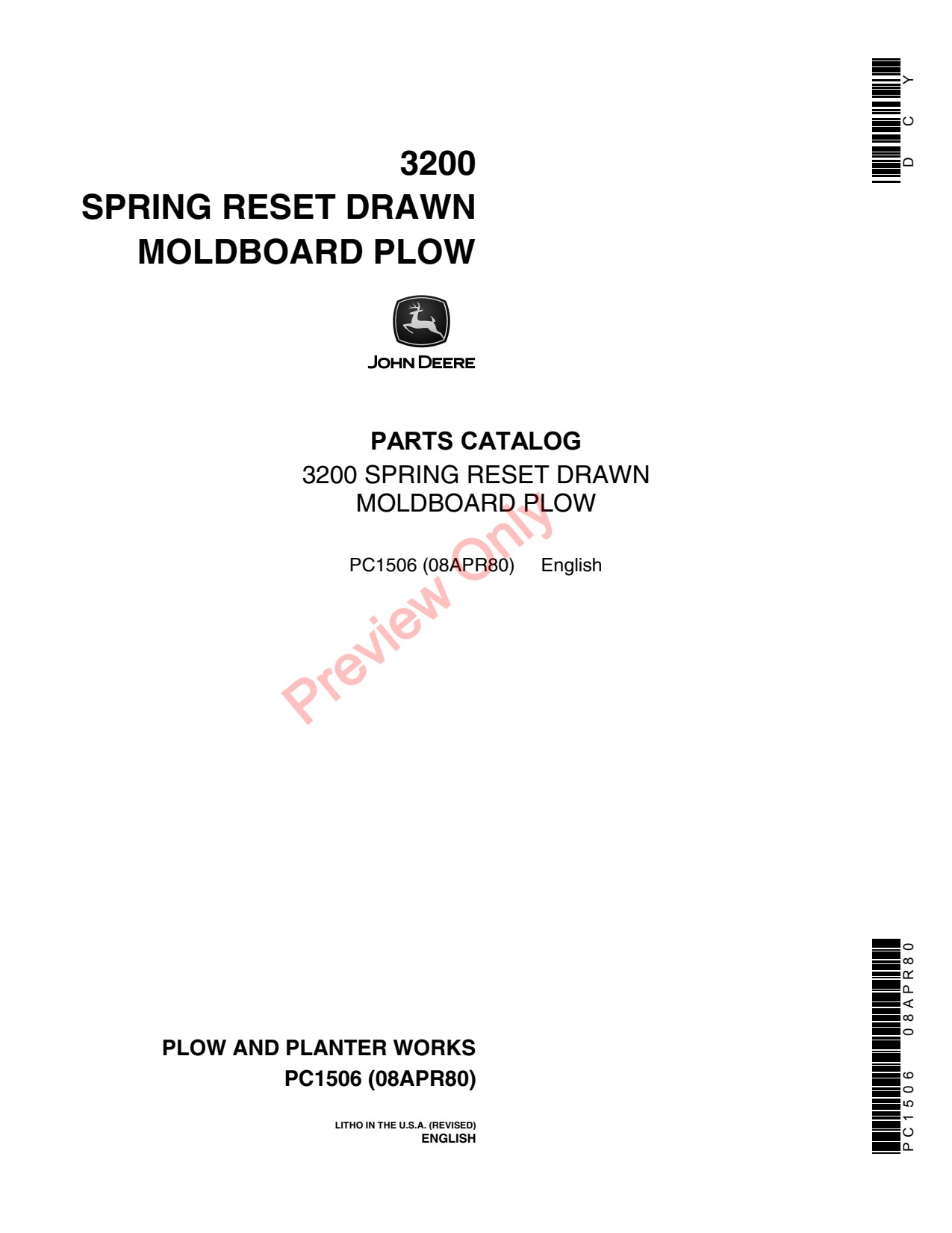 John Deere 3200 Reset Drawn Moldboard Plow Parts Catalog PC1506 1 John Deere 3200 Reset Drawn Moldboard Plow Parts Catalog PC1506