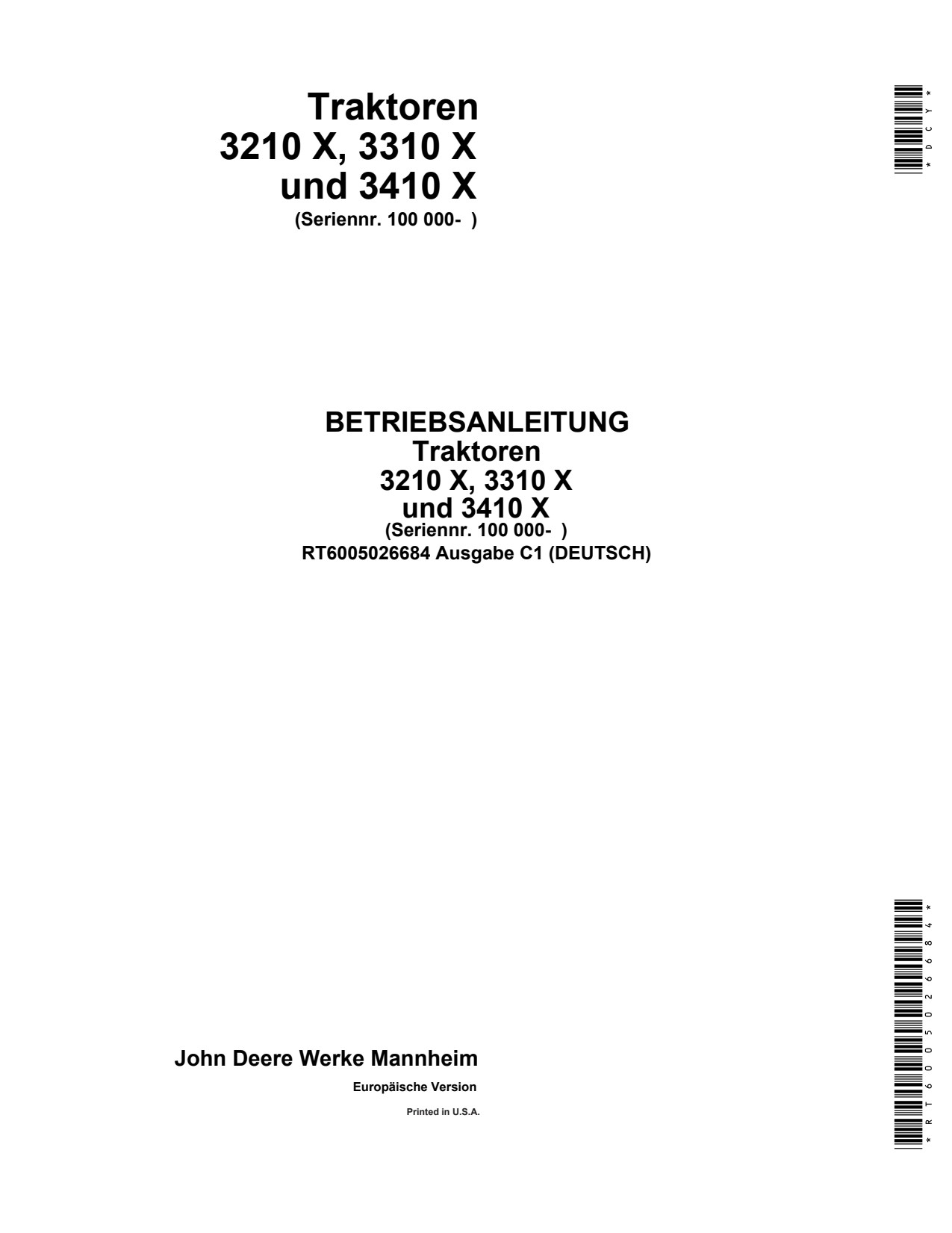 John Deere 3210X 3310X 3410X Tractor Operator Manual RT6005026684 DE 1 John Deere 3210X 3310X 3410X Tractor Operator Manual RT6005026684 DE