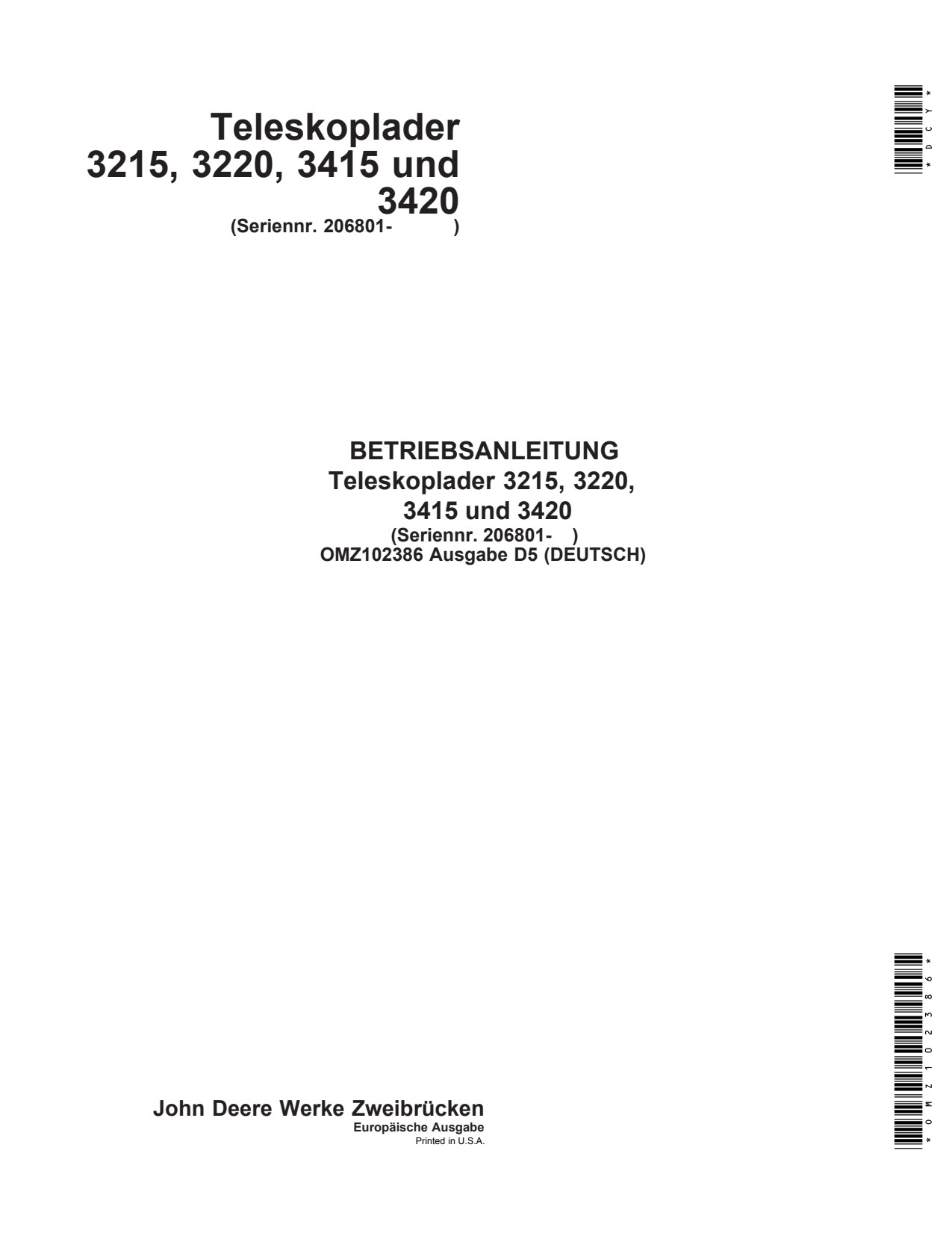 John Deere 3215 3220 3415 3420 Telehandler Operator Manual OMZ102386 DE 1 John Deere 3215 3220 3415 3420 Telehandler Operator Manual OMZ102386 DE