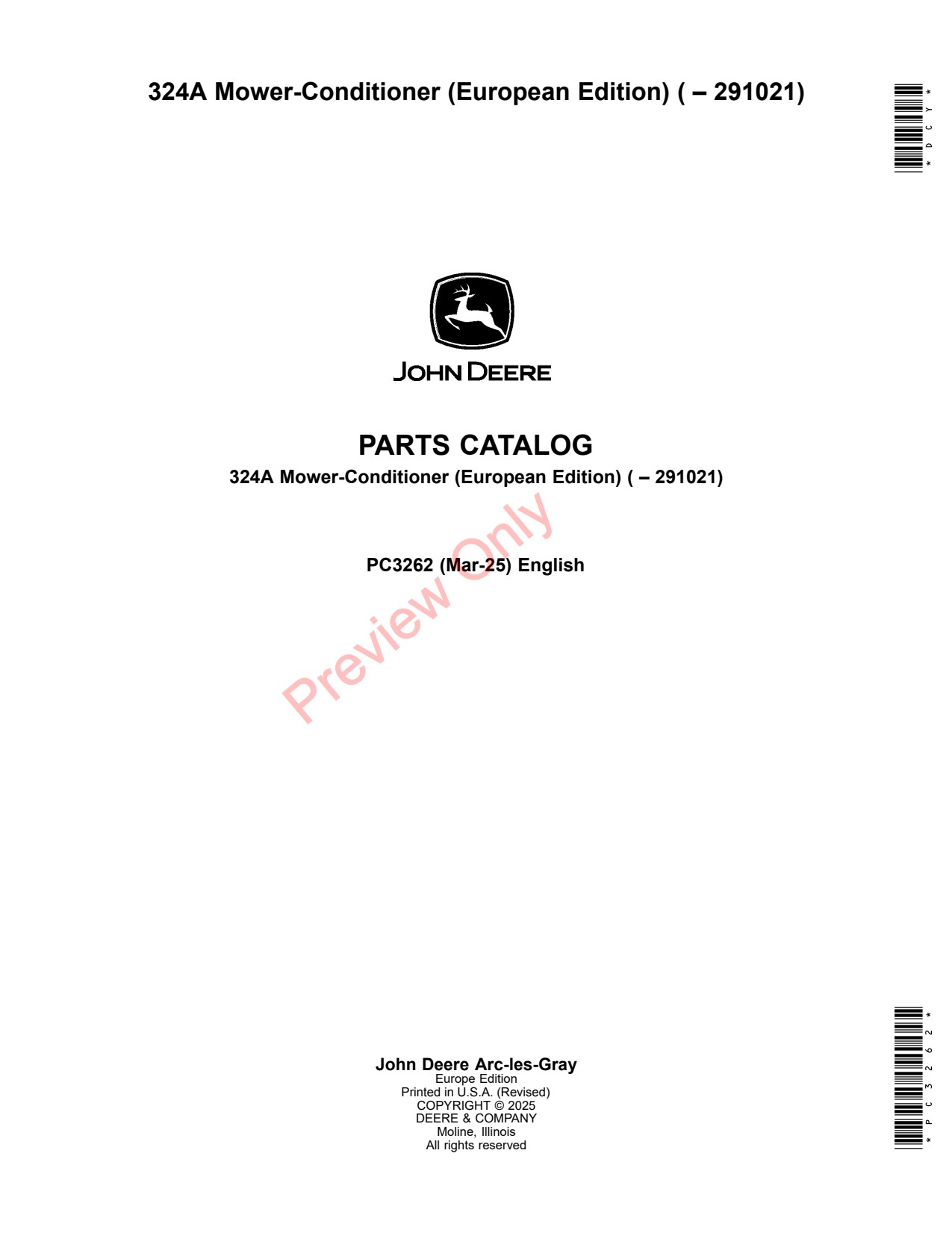 John Deere 324A Mower Conditioner Parts Catalog PC3262 1 John Deere 324A Mower Conditioner Parts Catalog PC3262