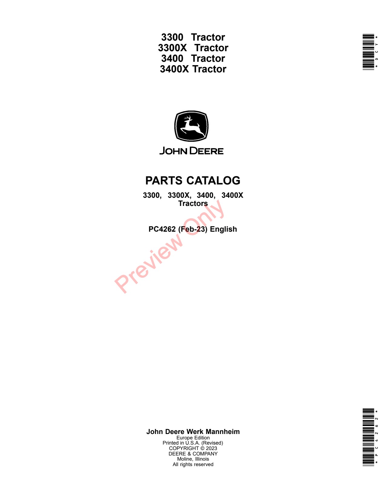 John Deere 3300 3300X 3400 3400X Tractor Parts Catalog PC4262 1 John Deere 3300 3300X 3400 3400X Tractor Parts Catalog PC4262