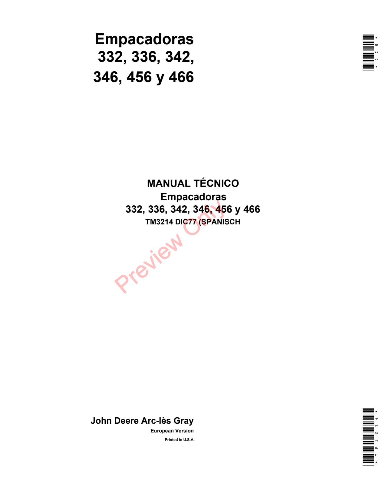 John Deere 332 336 342 346 456 466 Baler Technical Manual TM3214 ES 1 John Deere 332 336 342 346 456 466 Baler Technical Manual TM3214 ES