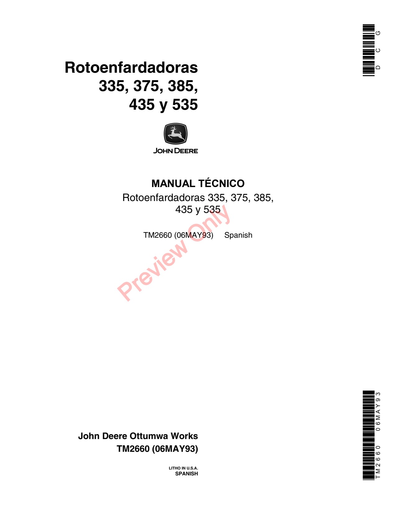 John Deere 335 375 385 435 535 Round Baler Technical Manual TM2660 ES 1 John Deere 335 375 385 435 535 Round Baler Technical Manual TM2660 ES