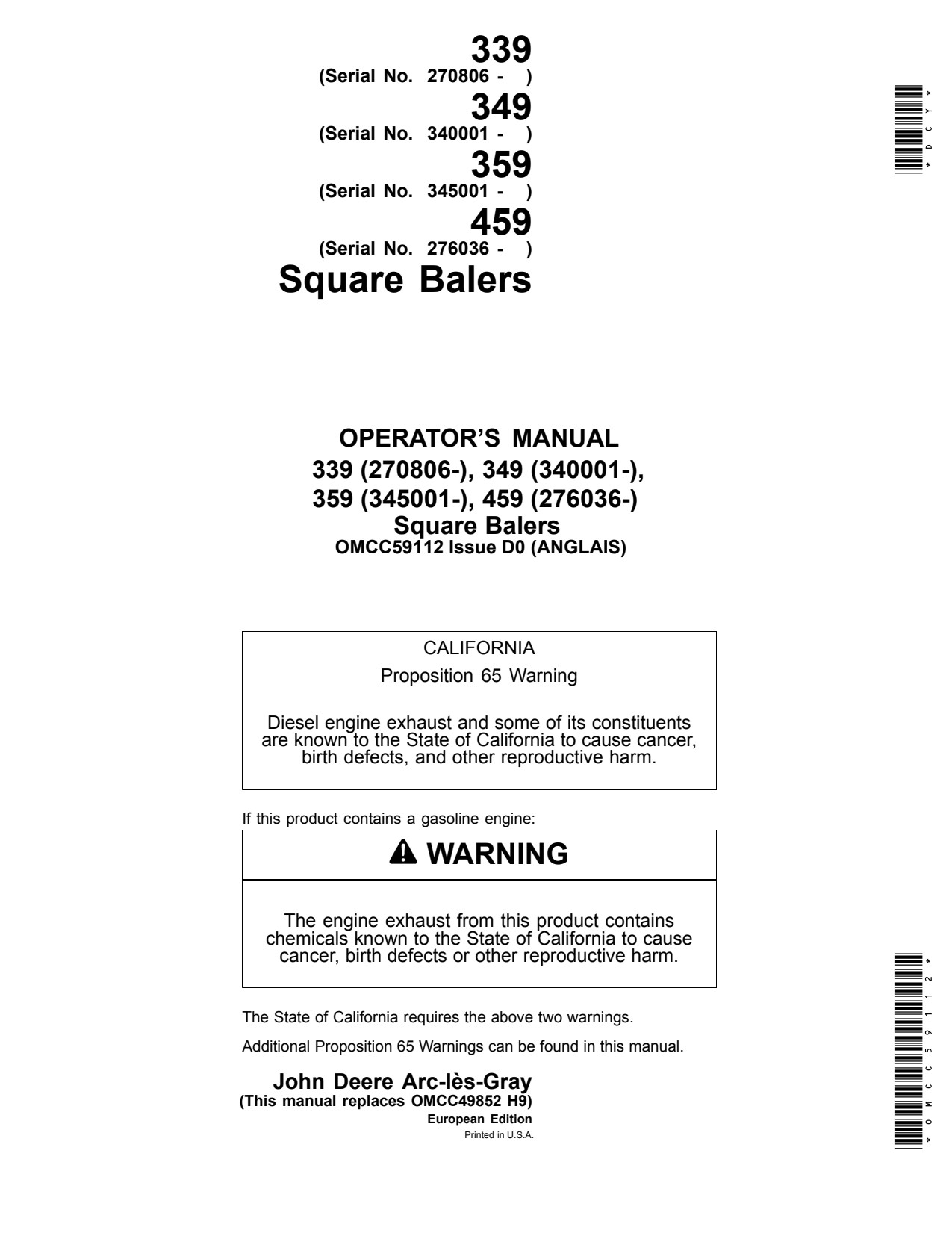 John Deere 339 to 359 459 Square Baler Operator Manual OMCC59112 1 John Deere 339 to 359 459 Square Baler Operator Manual OMCC59112