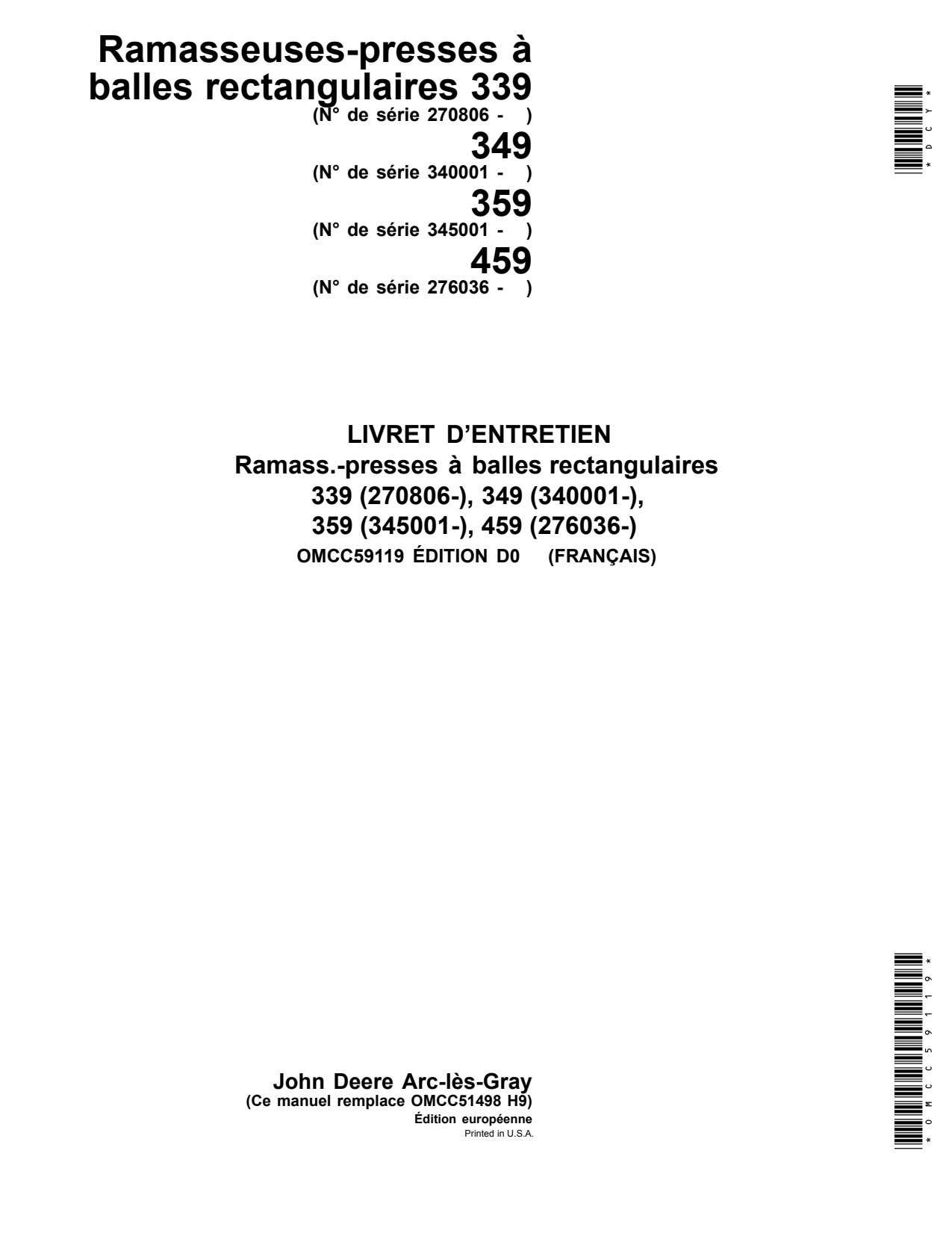 John Deere 339 to 359 459 Square Baler Operator Manual OMCC59119 FR 1 John Deere 339 to 359 459 Square Baler Operator Manual OMCC59119 FR
