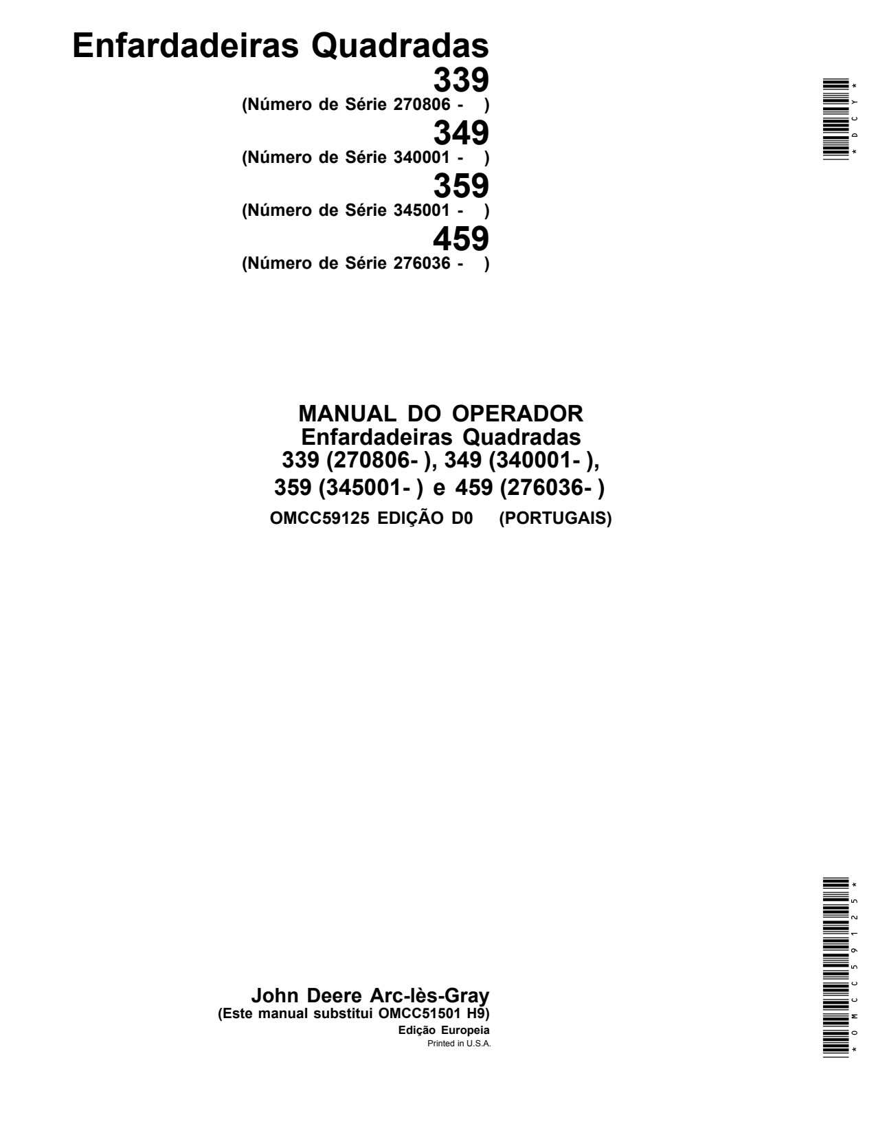 John Deere 339 to 359 459 Square Baler Operator Manual OMCC59125 PT 1 John Deere 339 to 359 459 Square Baler Operator Manual OMCC59125 PT
