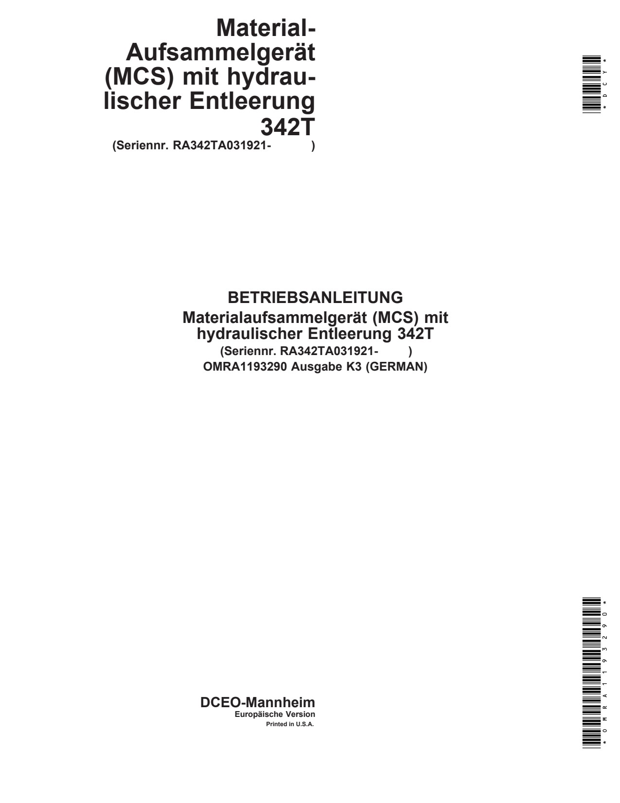 John Deere 342T Material Collection System Operator Manual OMRA1193290 DE 1 John Deere 342T Material Collection System Operator Manual OMRA1193290 DE