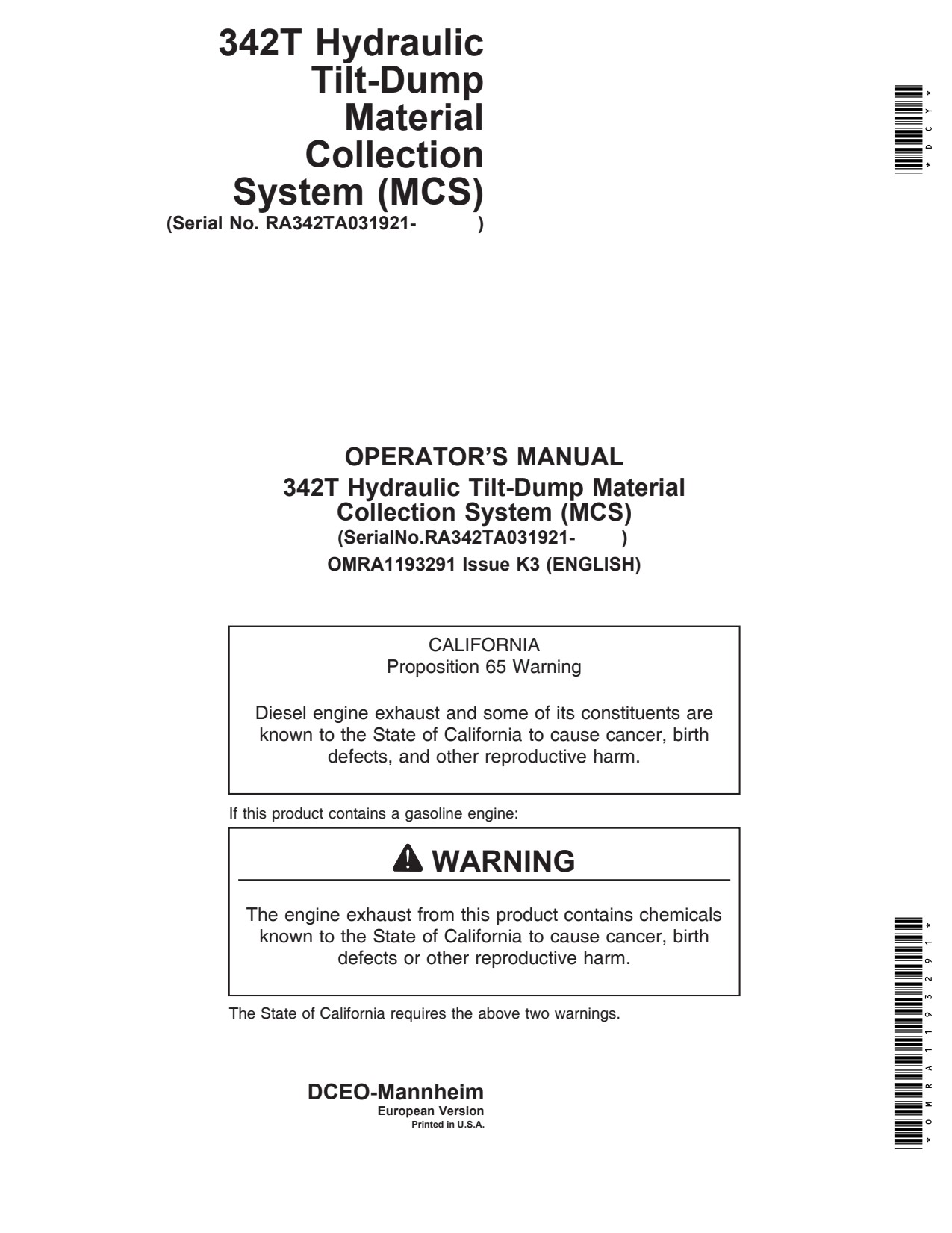 John Deere 342T Material Collection System Operator Manual OMRA1193291 1 John Deere 342T Material Collection System Operator Manual OMRA1193291