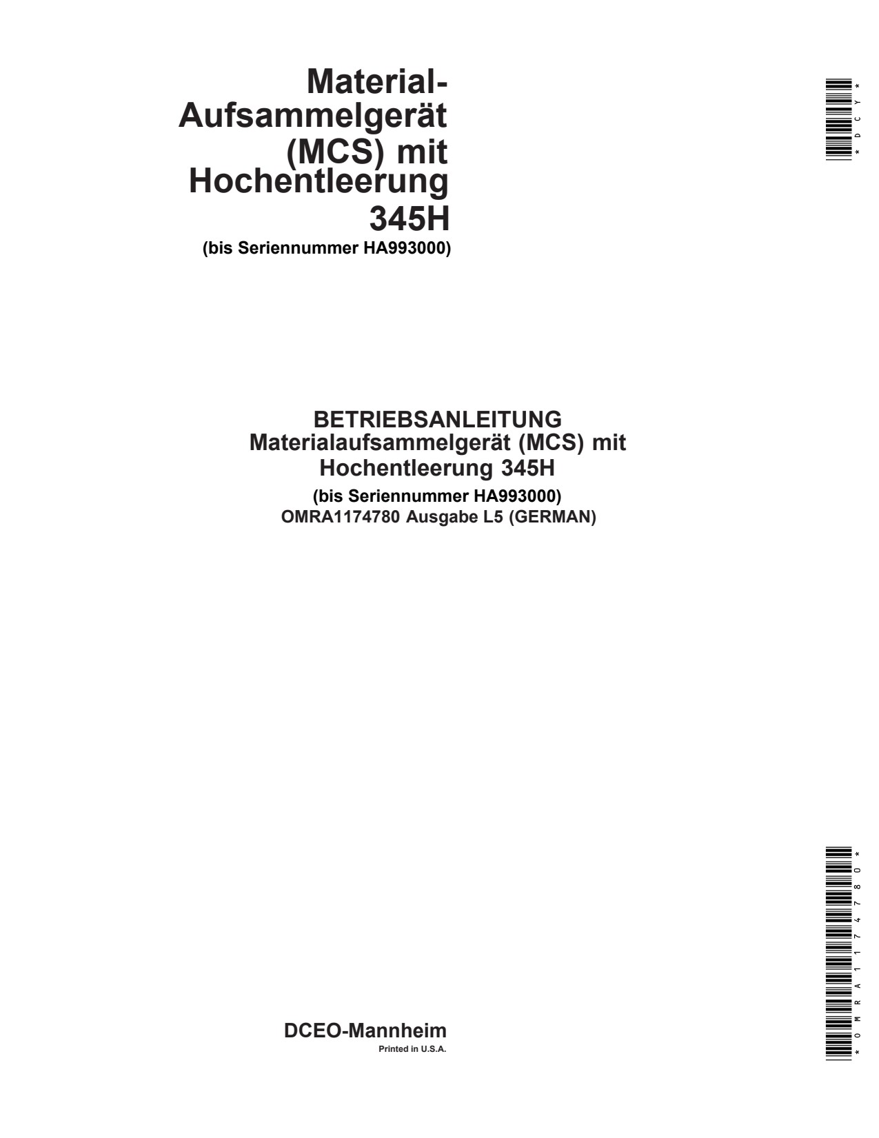 John Deere 345H High Dump Material Collection System Operator Manual OMRA1174780 DE 1 John Deere 345H High Dump Material Collection System Operator Manual OMRA1174780 DE