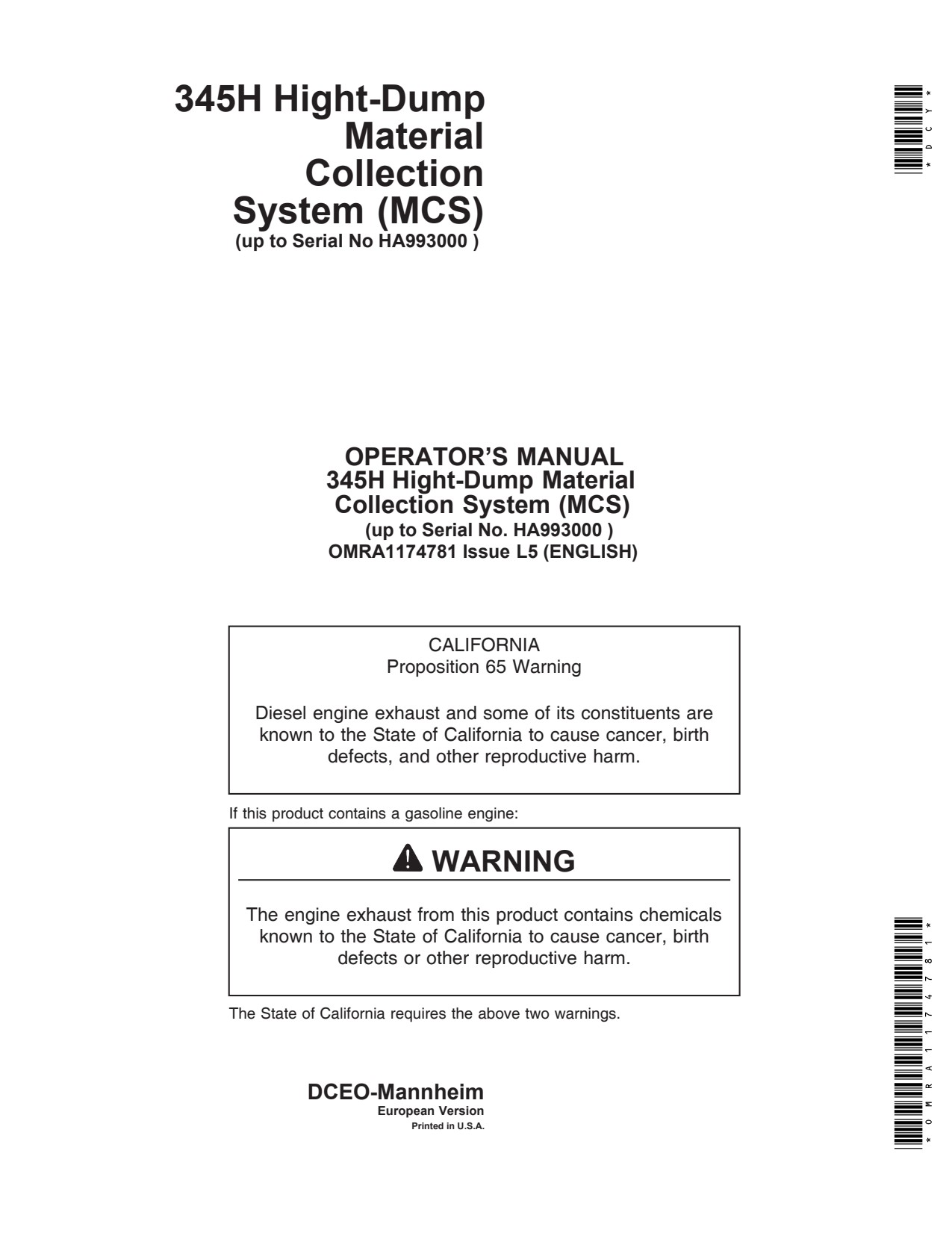 John Deere 345H High Dump Material Collection System Operator Manual OMRA1174781 1 John Deere 345H High Dump Material Collection System Operator Manual OMRA1174781