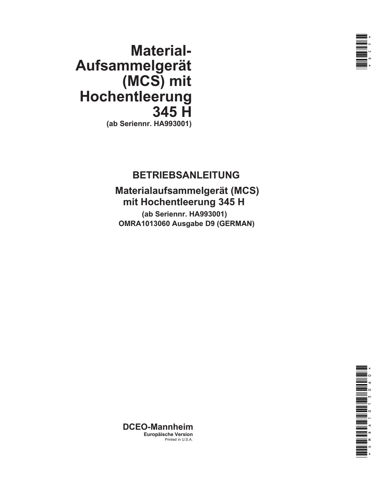 John Deere 345H High-dump Material Collection System Operator Manual OMRA1013060 DE 1 John Deere 345H High-dump Material Collection System Operator Manual OMRA1013060 DE