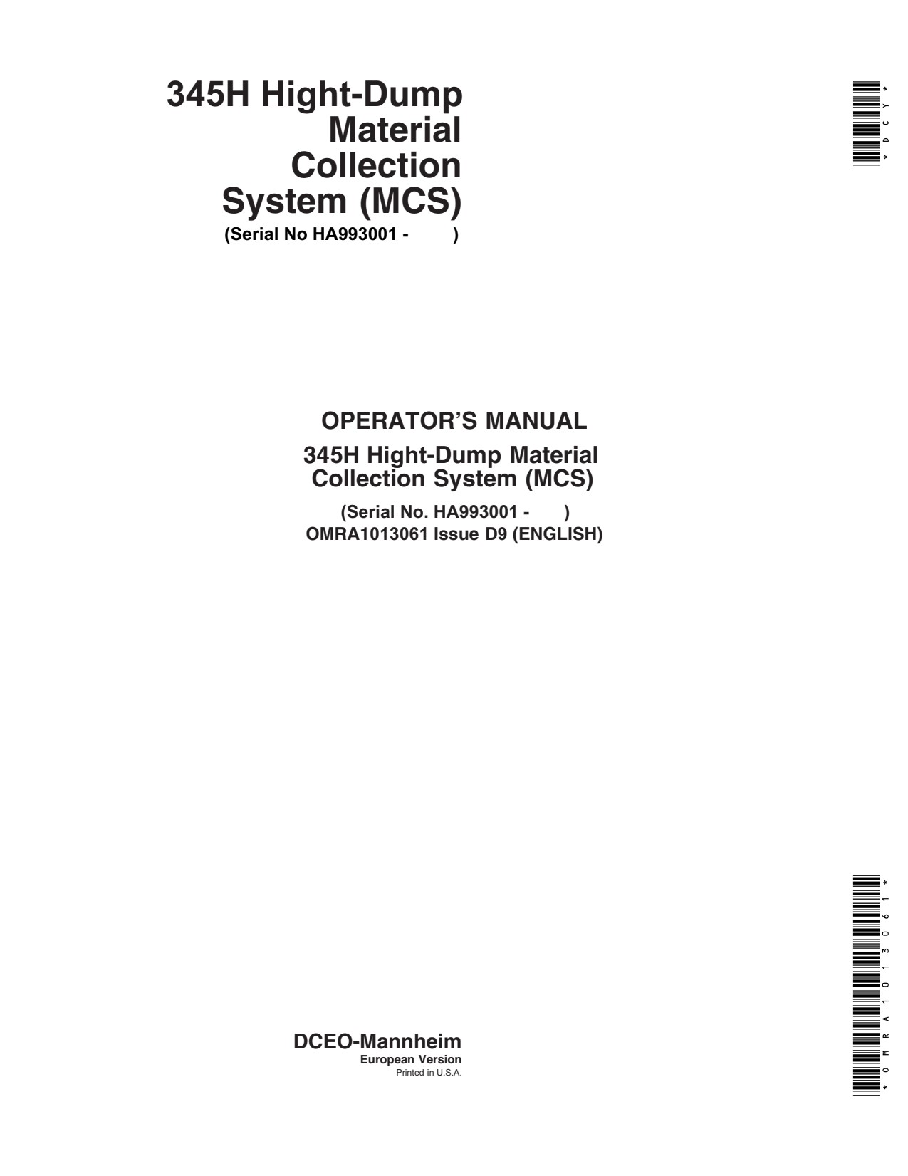 John Deere 345H High-dump Material Collection System Operator Manual OMRA1013061 1 John Deere 345H High-dump Material Collection System Operator Manual OMRA1013061
