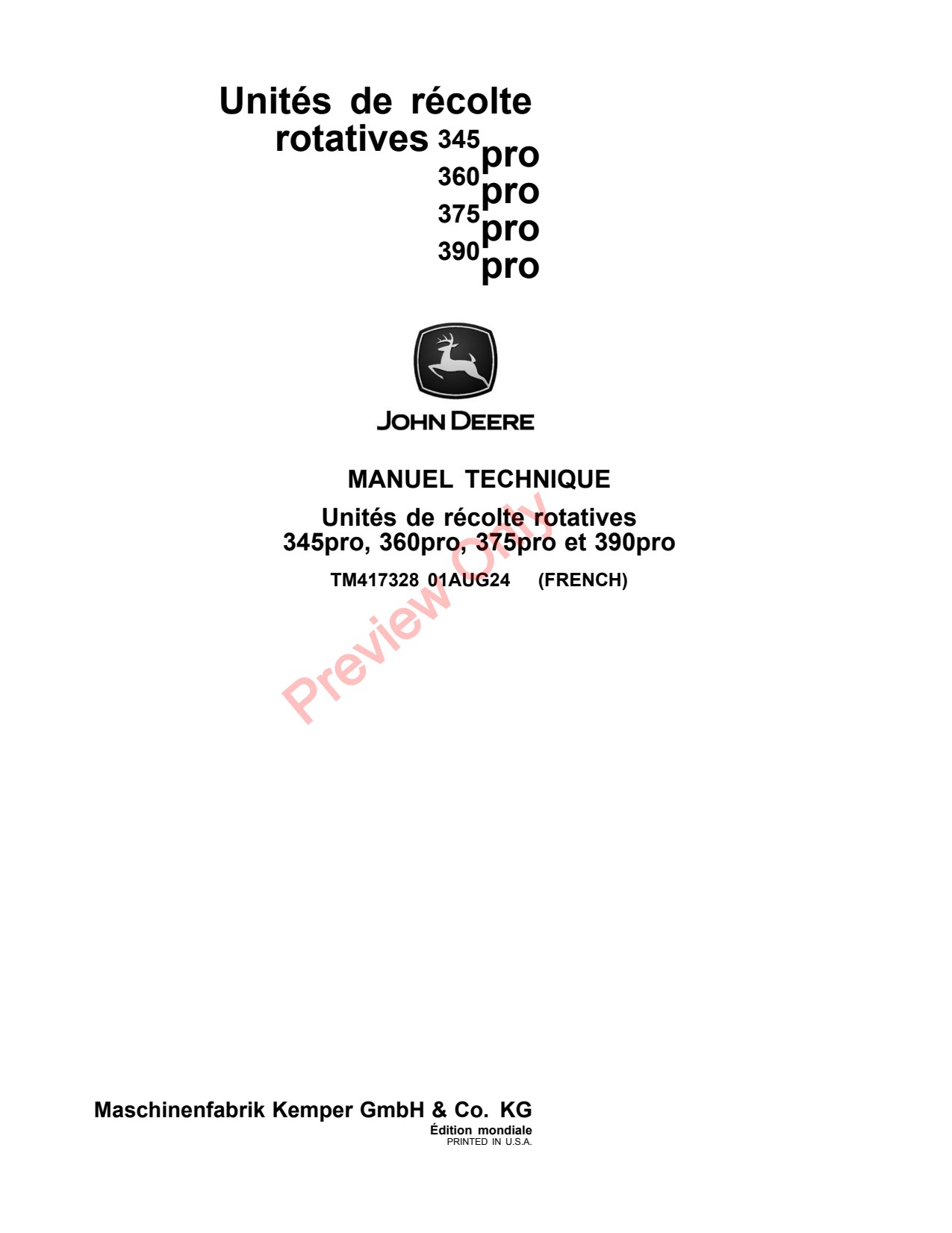 John Deere 345pro 360pro 375pro 390pro Pro Rotary Harvesting Unit Technical Manual TM417328 FR 1 John Deere 345pro 360pro 375pro 390pro Pro Rotary Harvesting Unit Technical Manual TM417328 FR