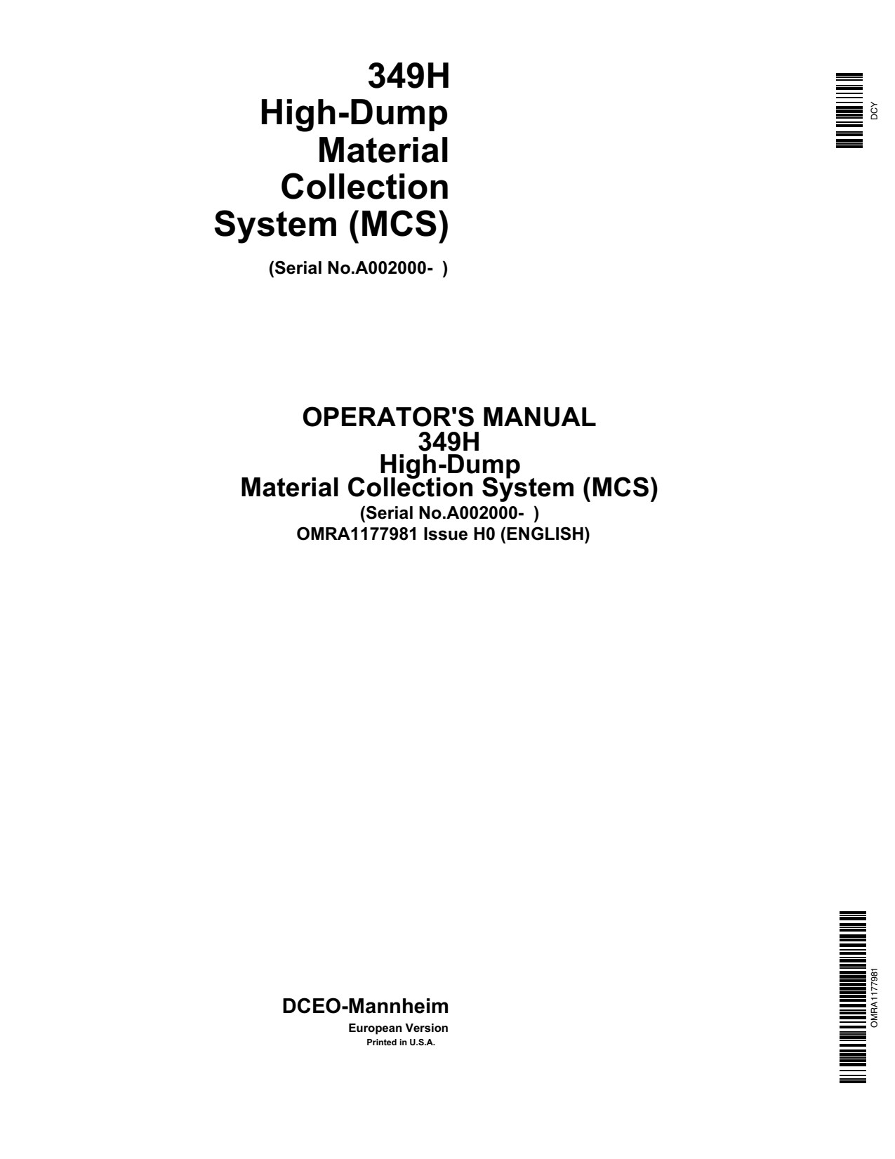 John Deere 349H High-dump Material Collection System Operator Manual OMRA1177981 1 John Deere 349H High-dump Material Collection System Operator Manual OMRA1177981