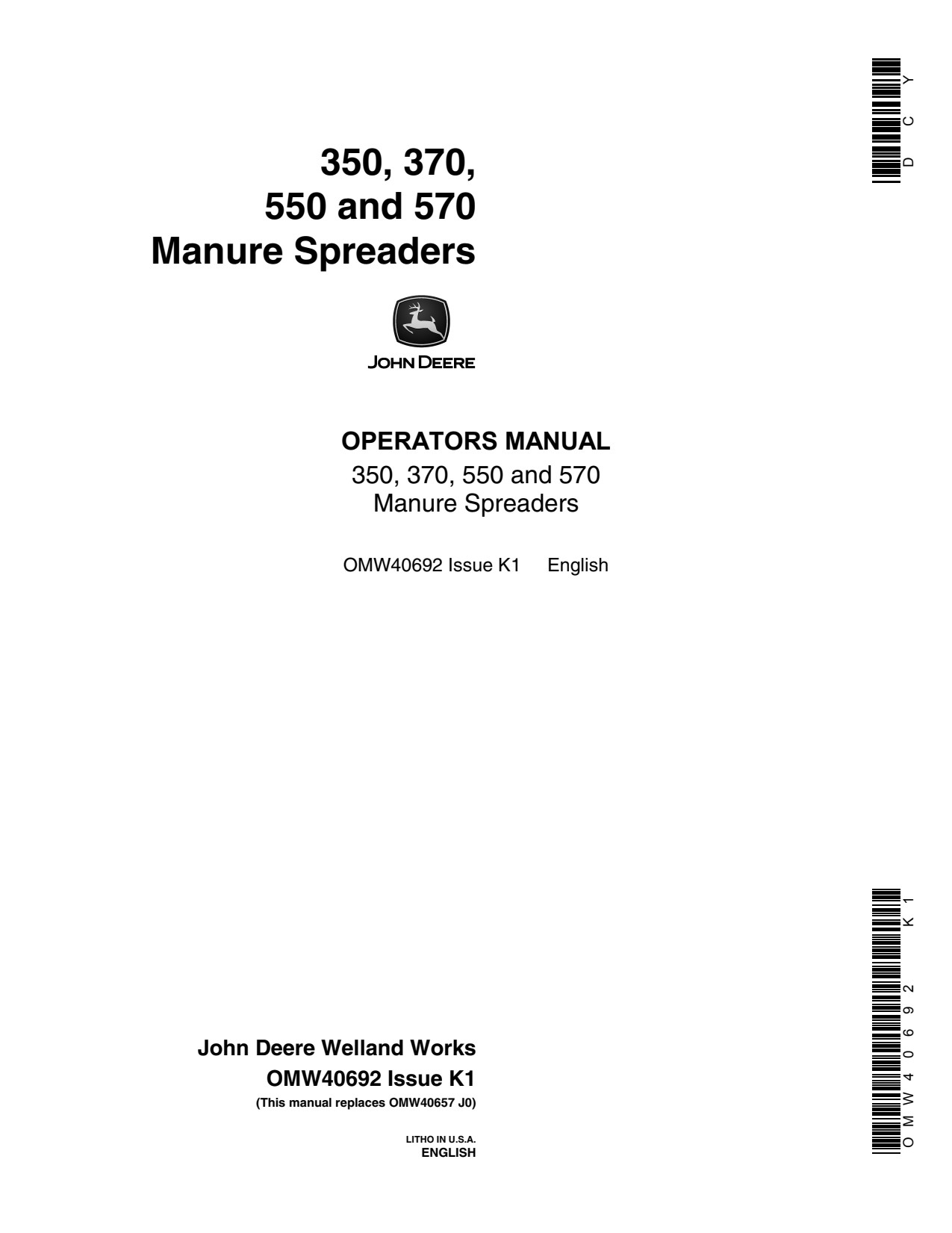 John Deere 350 370 550 570 Manure Spreader Operator Manual OMW40692 1 John Deere 350 370 550 570 Manure Spreader Operator Manual OMW40692