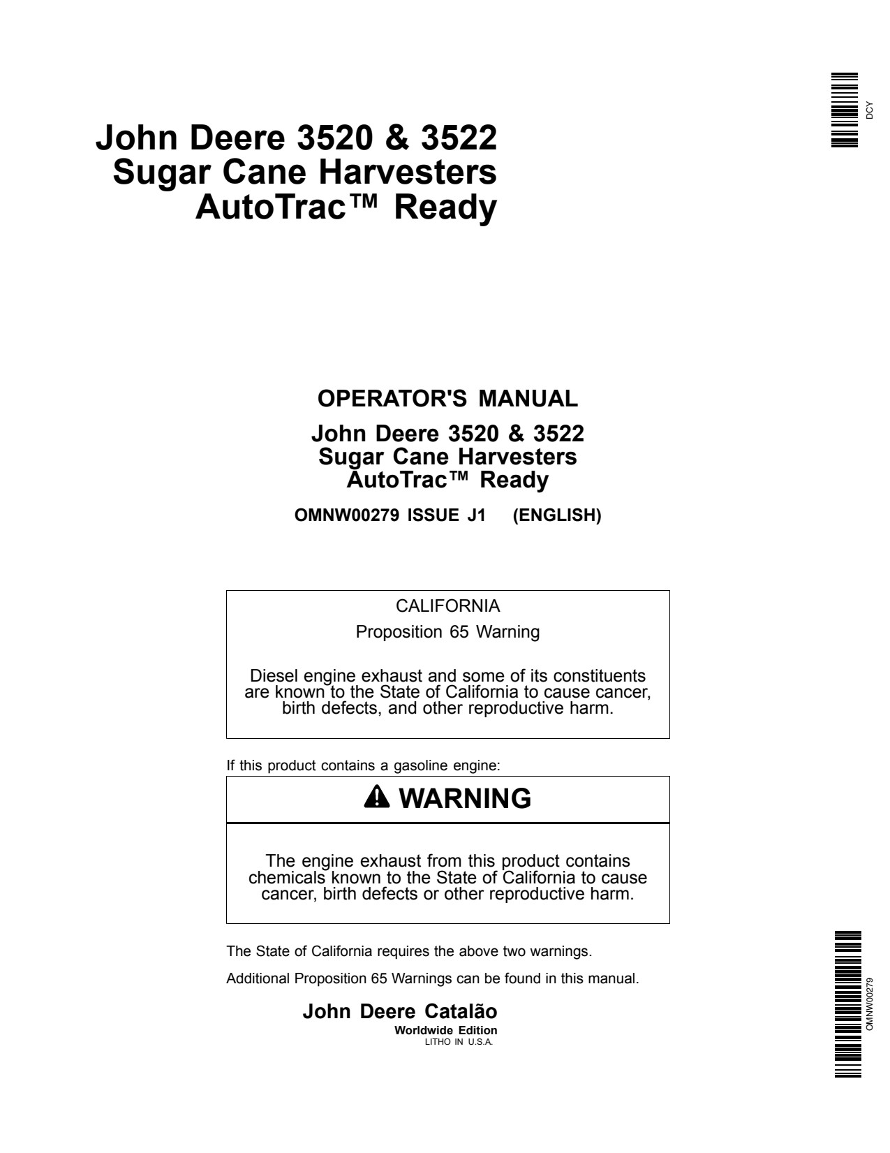 John Deere 3522 3520 Sugar Cane Harvester Operator Manual OMNW00279 1 John Deere 3522 3520 Sugar Cane Harvester Operator Manual OMNW00279
