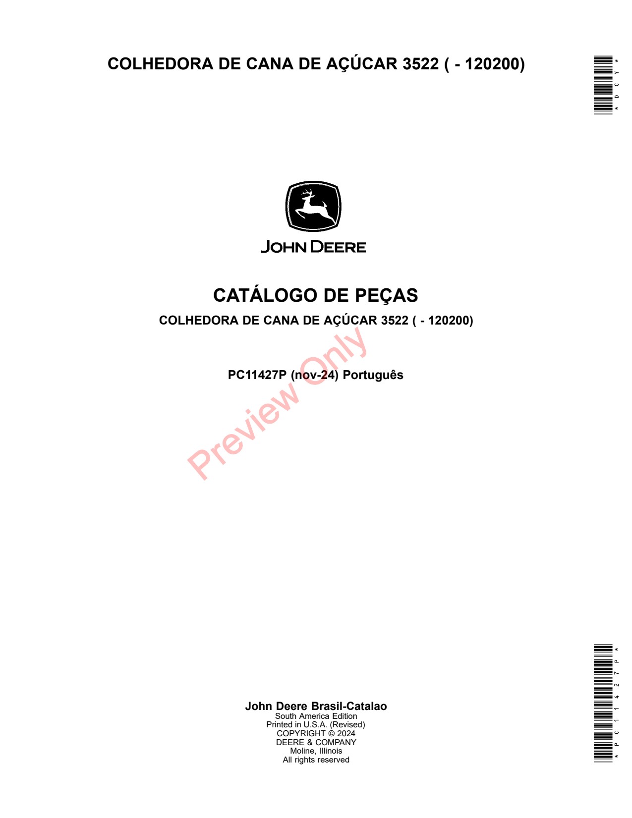 John Deere 3522 Sugar Cane Harvester Parts Catalog PC11427P PT 1 John Deere 3522 Sugar Cane Harvester Parts Catalog PC11427P PT