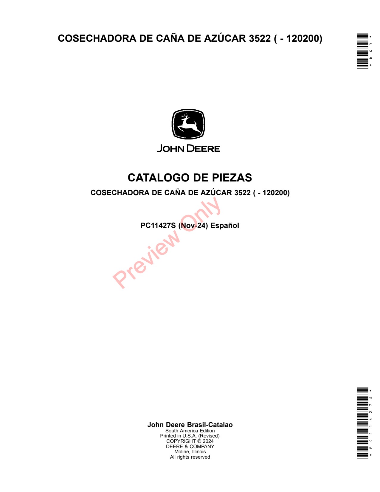 John Deere 3522 Sugar Cane Harvester Parts Catalog PC11427S ES 1 John Deere 3522 Sugar Cane Harvester Parts Catalog PC11427S ES