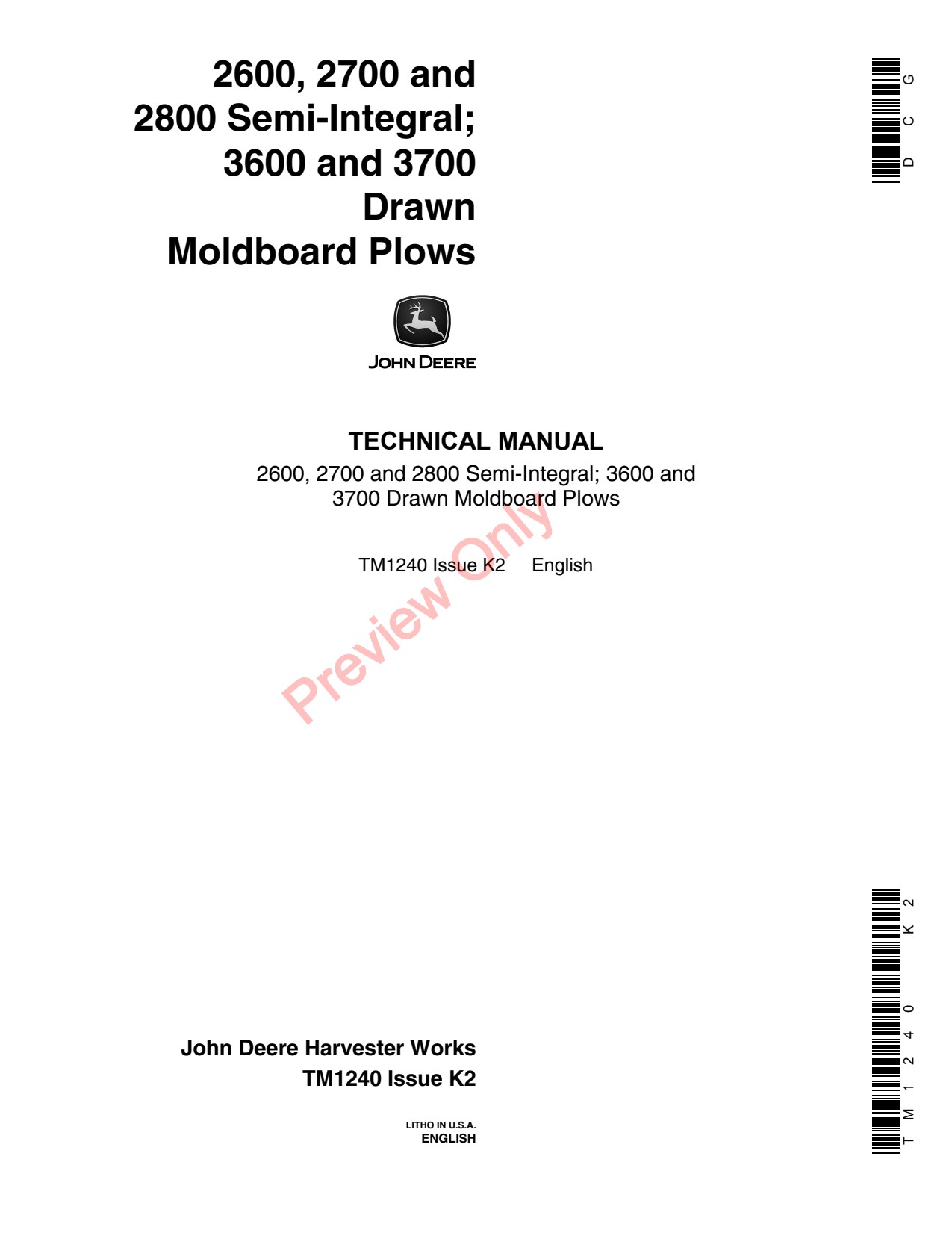 John Deere 3600 3700 2600 to 2800 Moldboard Plow Technical Manual TM1240 1 John Deere 3600 3700 2600 to 2800 Moldboard Plow Technical Manual TM1240