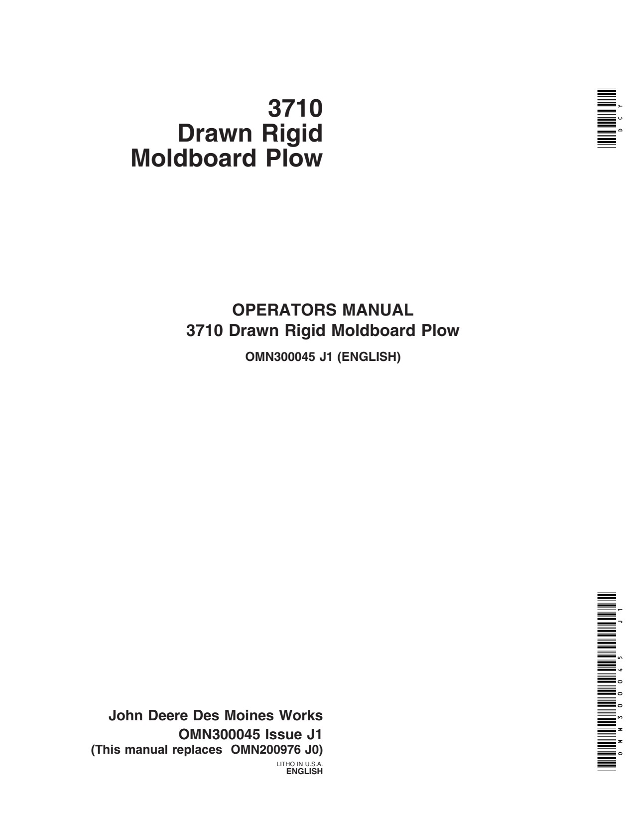 John Deere 3710 9400 9400T Drawn Rigid Moldboard Plow Operator Manual OMN300045 1 John Deere 3710 9400 9400T Drawn Rigid Moldboard Plow Operator Manual OMN300045