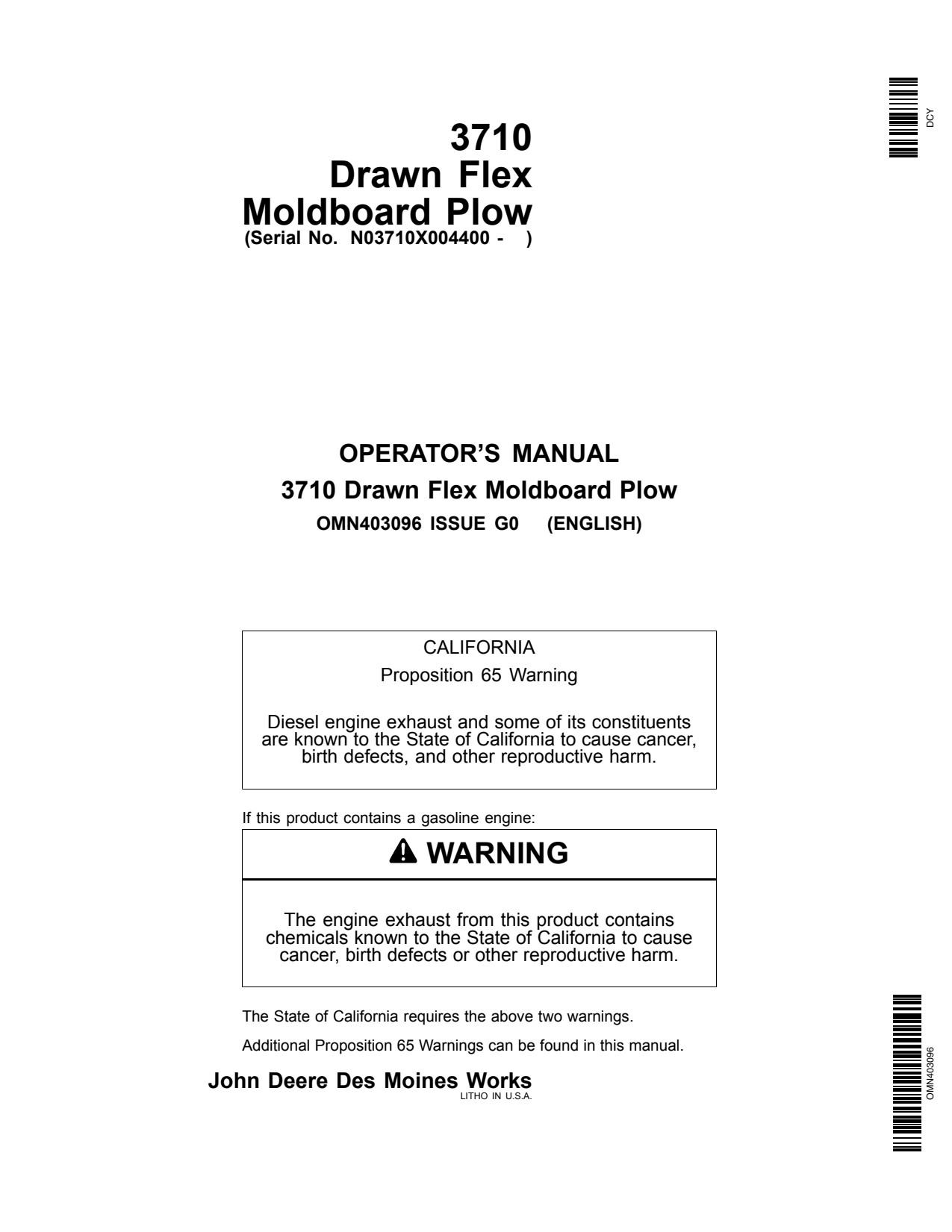 John Deere 3710 Drawn Moldboard Plow Operator Manual OMN403096 1 John Deere 3710 Drawn Moldboard Plow Operator Manual OMN403096