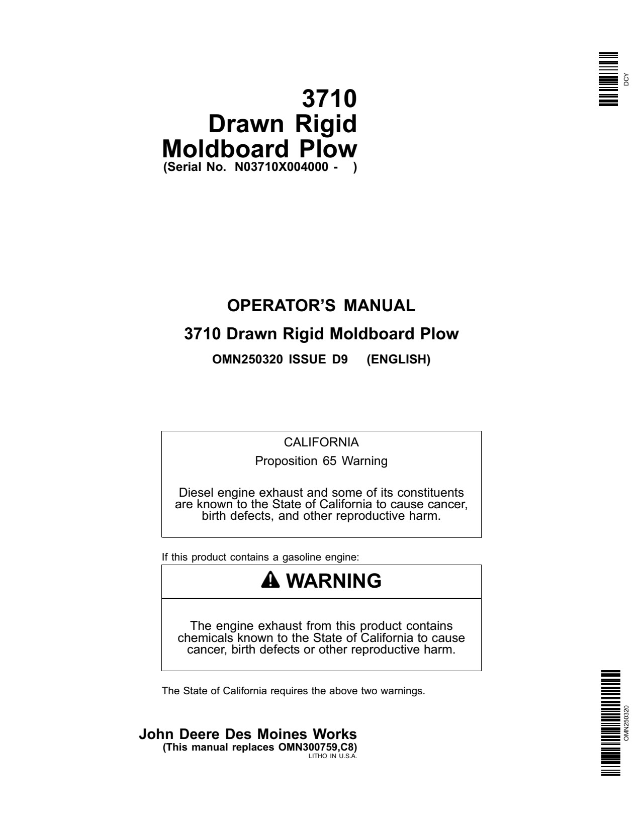 John Deere 3710 Drawn Rigid Moldboard Plow Operator Manual OMN250320 1 John Deere 3710 Drawn Rigid Moldboard Plow Operator Manual OMN250320