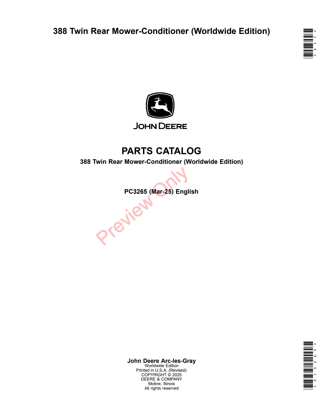 John Deere 388 Twin Rear Mower Conditioner Parts Catalog PC3265 1 John Deere 388 Twin Rear Mower Conditioner Parts Catalog PC3265