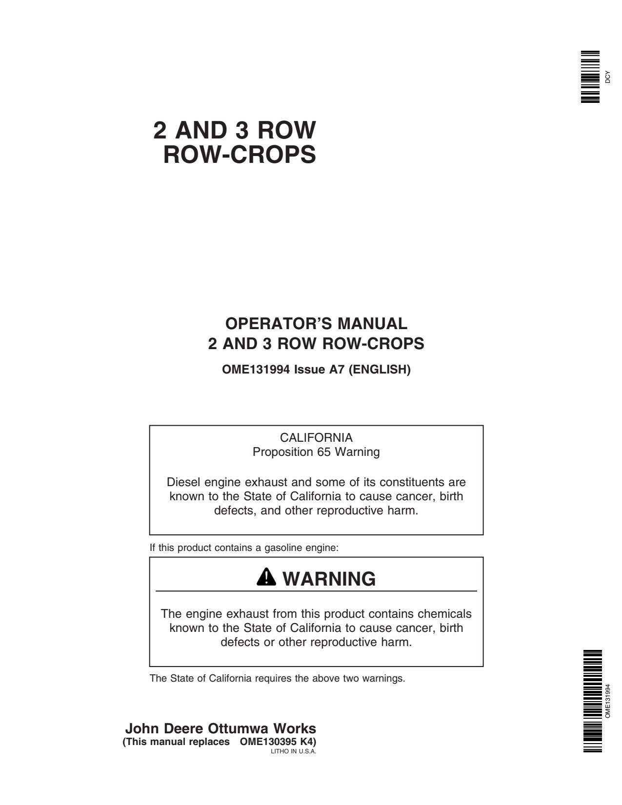 John Deere 3950 3970 3940 3960 3955 3975 2 ROW 3 5720 5730 Header Platform Operator Manual OME131994 1 John Deere 3950 3970 3940 3960 3955 3975 2 ROW 3 5720 5730 Header Platform Operator Manual OME131994