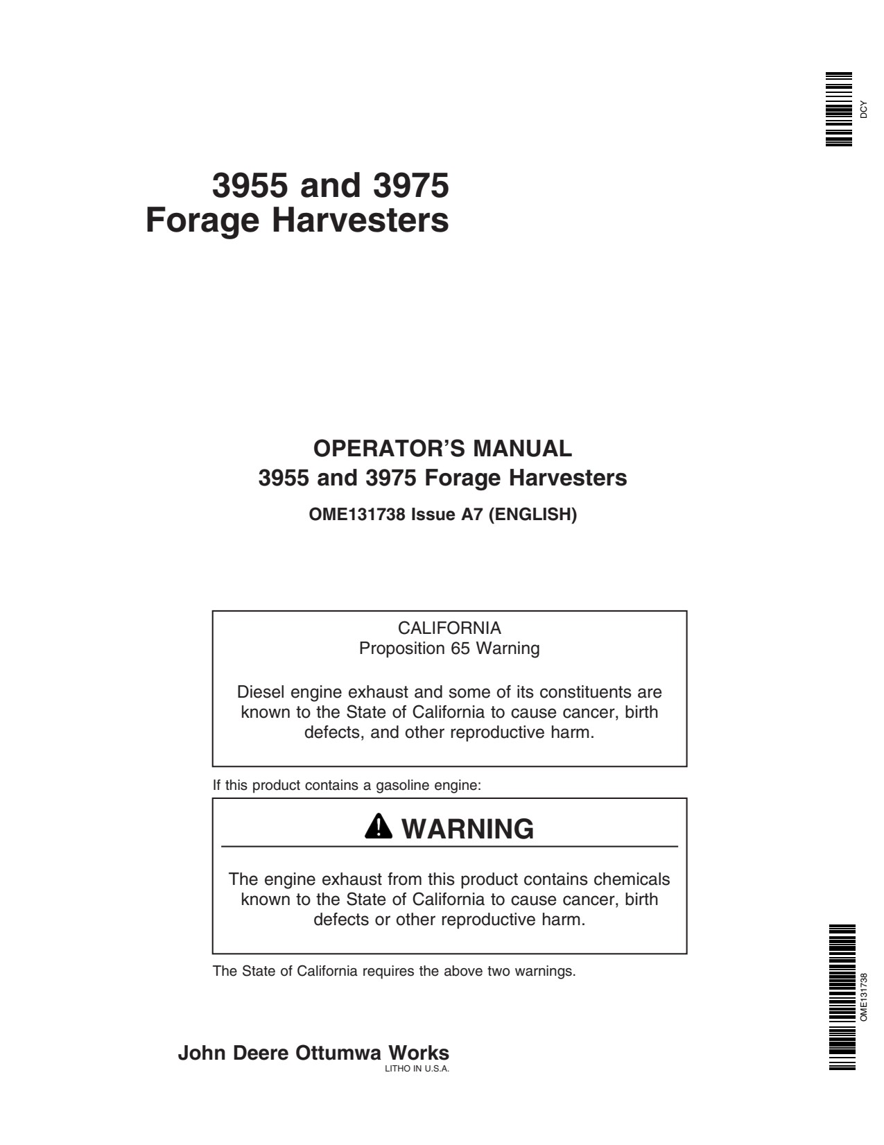John Deere 3955 3975 Pull-type Forage Harvester Operator Manual OME131738 1 John Deere 3955 3975 Pull-type Forage Harvester Operator Manual OME131738