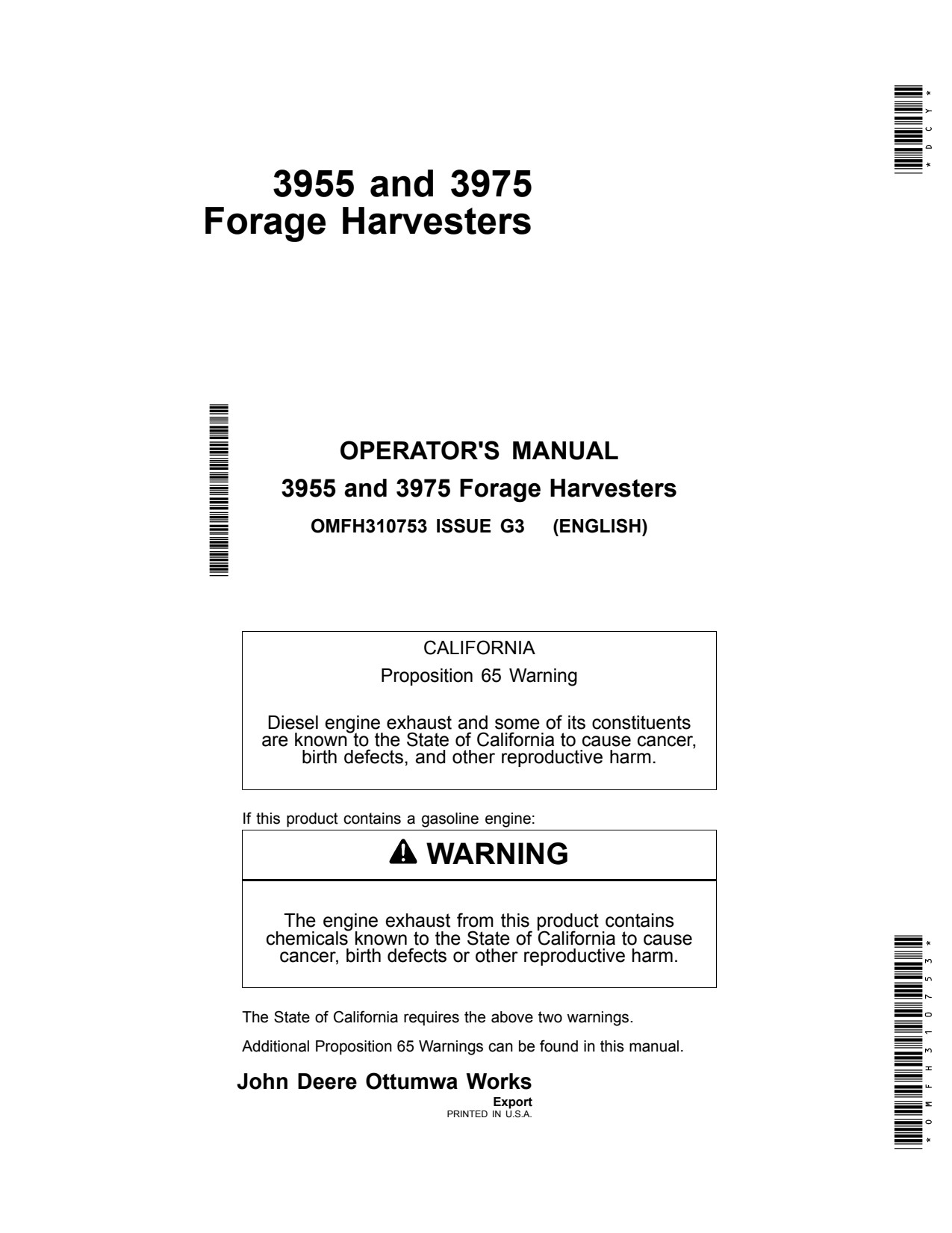 John Deere 3955 3975 Pull-type Forage Harvester Operator Manual OMFH310753 1 John Deere 3955 3975 Pull-type Forage Harvester Operator Manual OMFH310753