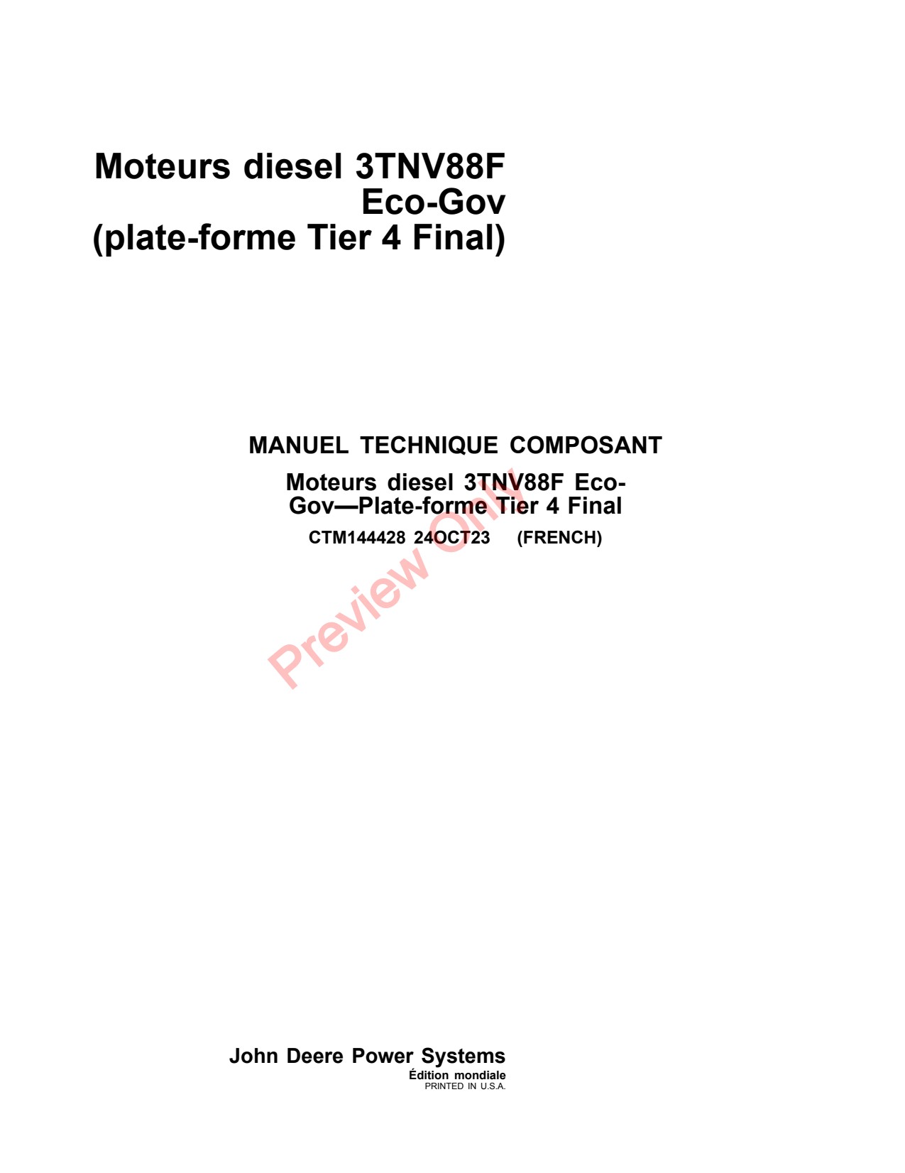 John Deere 3TNV88 Eco-gov Diesel Engine Component Technical Manual CTM144428 FR 1 John Deere 3TNV88 Eco-gov Diesel Engine Component Technical Manual CTM144428 FR