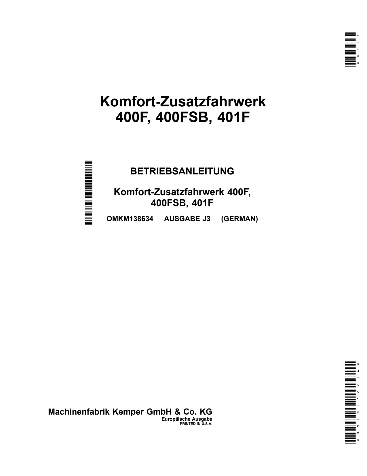 John Deere 400F 400FSB 401F Comfort Support Wheel Operator Manual OMKM138634 DE 1 John Deere 400F 400FSB 401F Comfort Support Wheel Operator Manual OMKM138634 DE