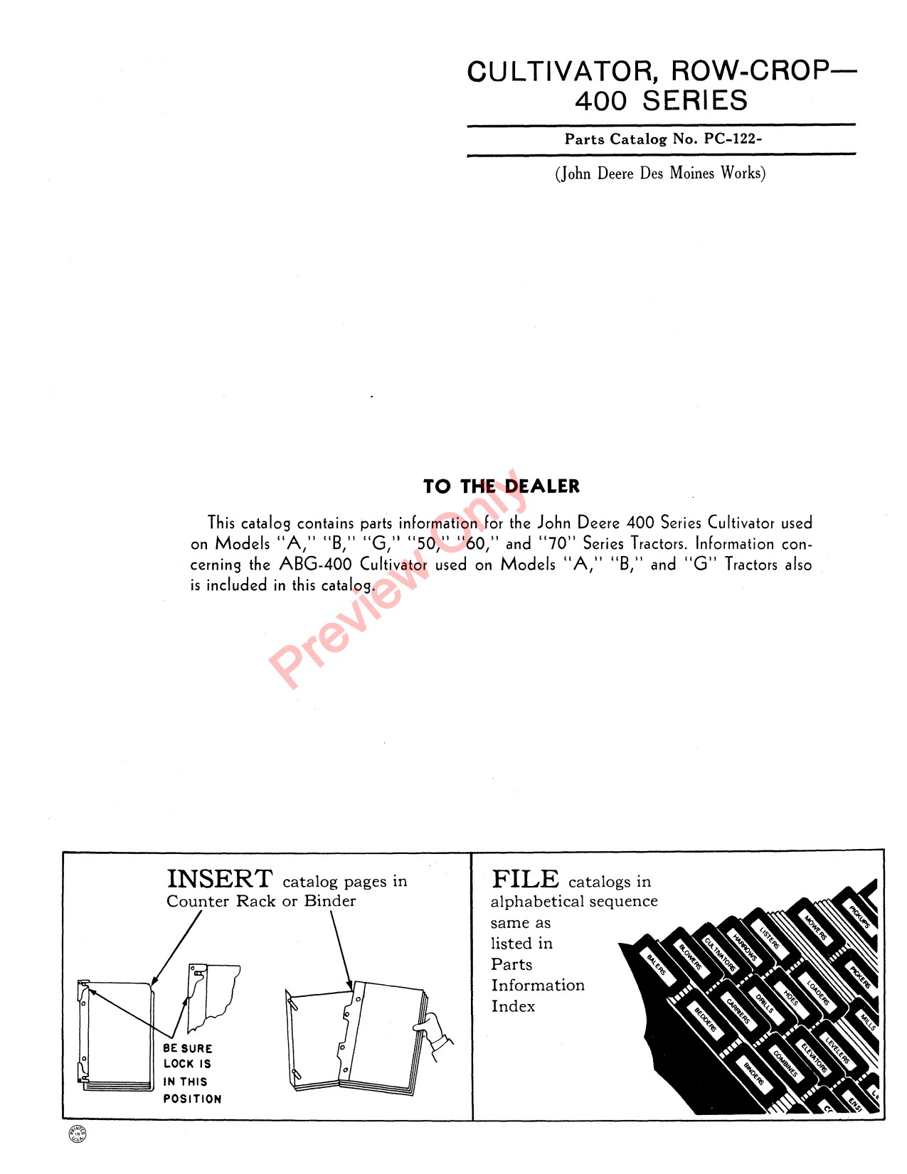 John Deere 401 70 B G A 50 402 403 405 408 409 411 400 Four-row Cultivator Parts Catalog PC122 1 John Deere 401 70 B G A 50 402 403 405 408 409 411 400 Four-row Cultivator Parts Catalog PC122