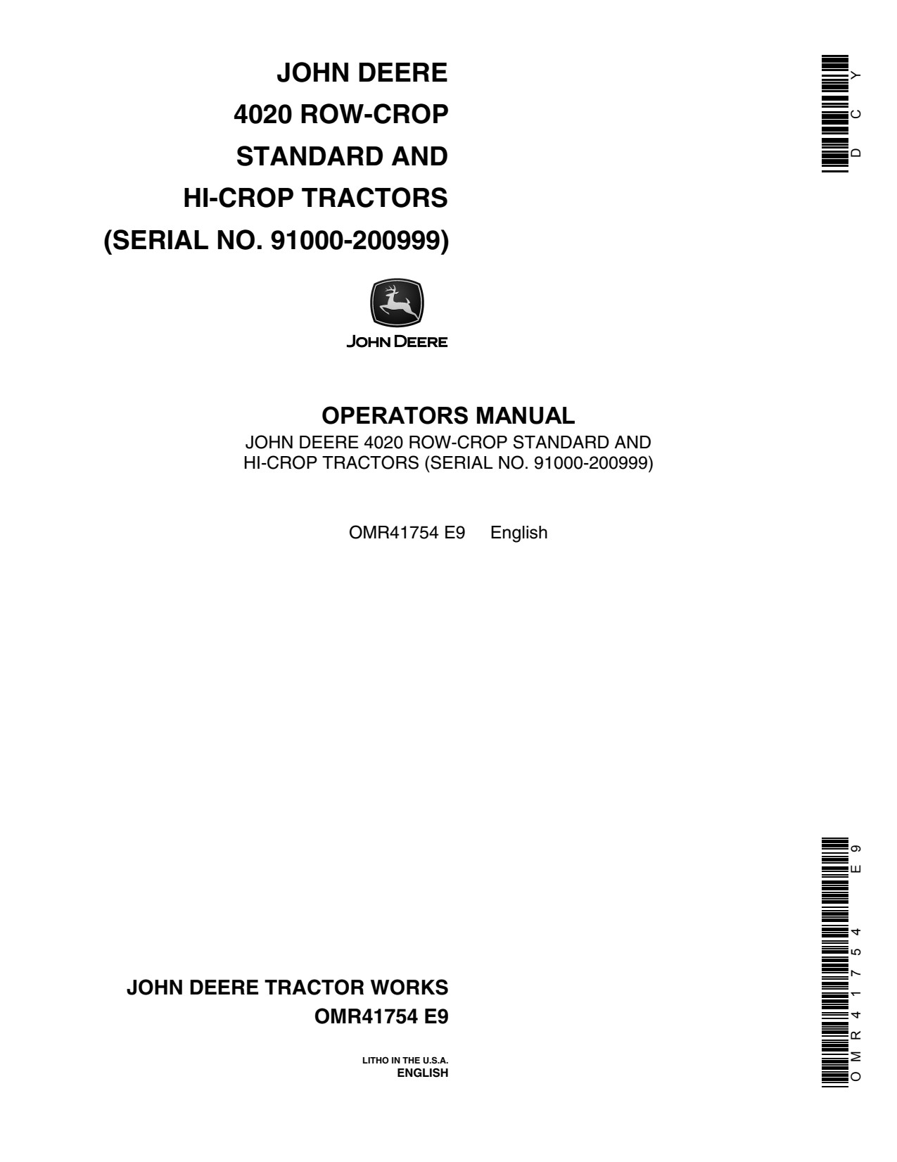 John Deere 4020 Hi-crop Tractor Operator Manual OMR41754 1 John Deere 4020 Hi-crop Tractor Operator Manual OMR41754