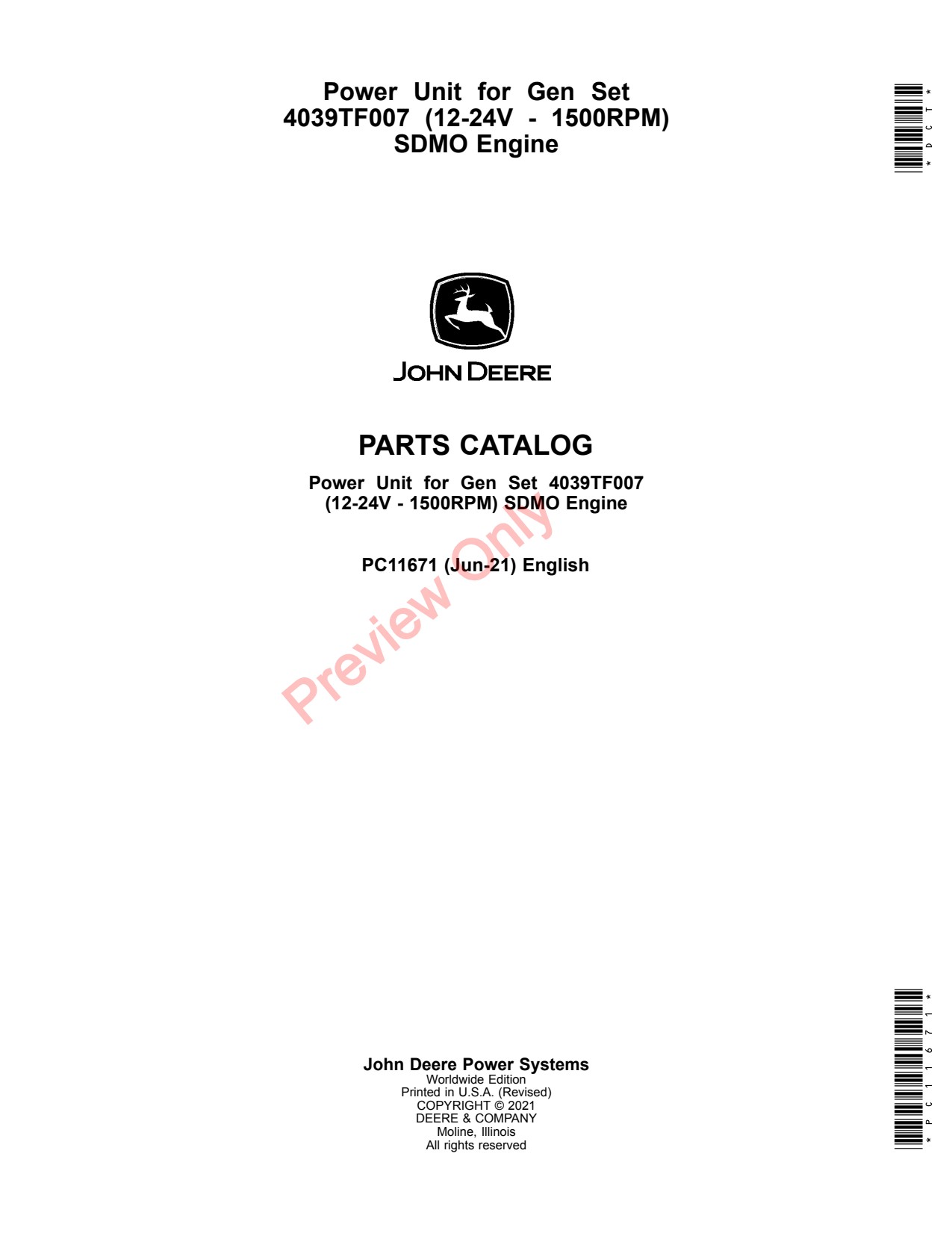 John Deere 4039TF007 12 -24V 1500RPM SDMO Engine Parts Catalog PC11671 1 John Deere 4039TF007 12 -24V 1500RPM SDMO Engine Parts Catalog PC11671