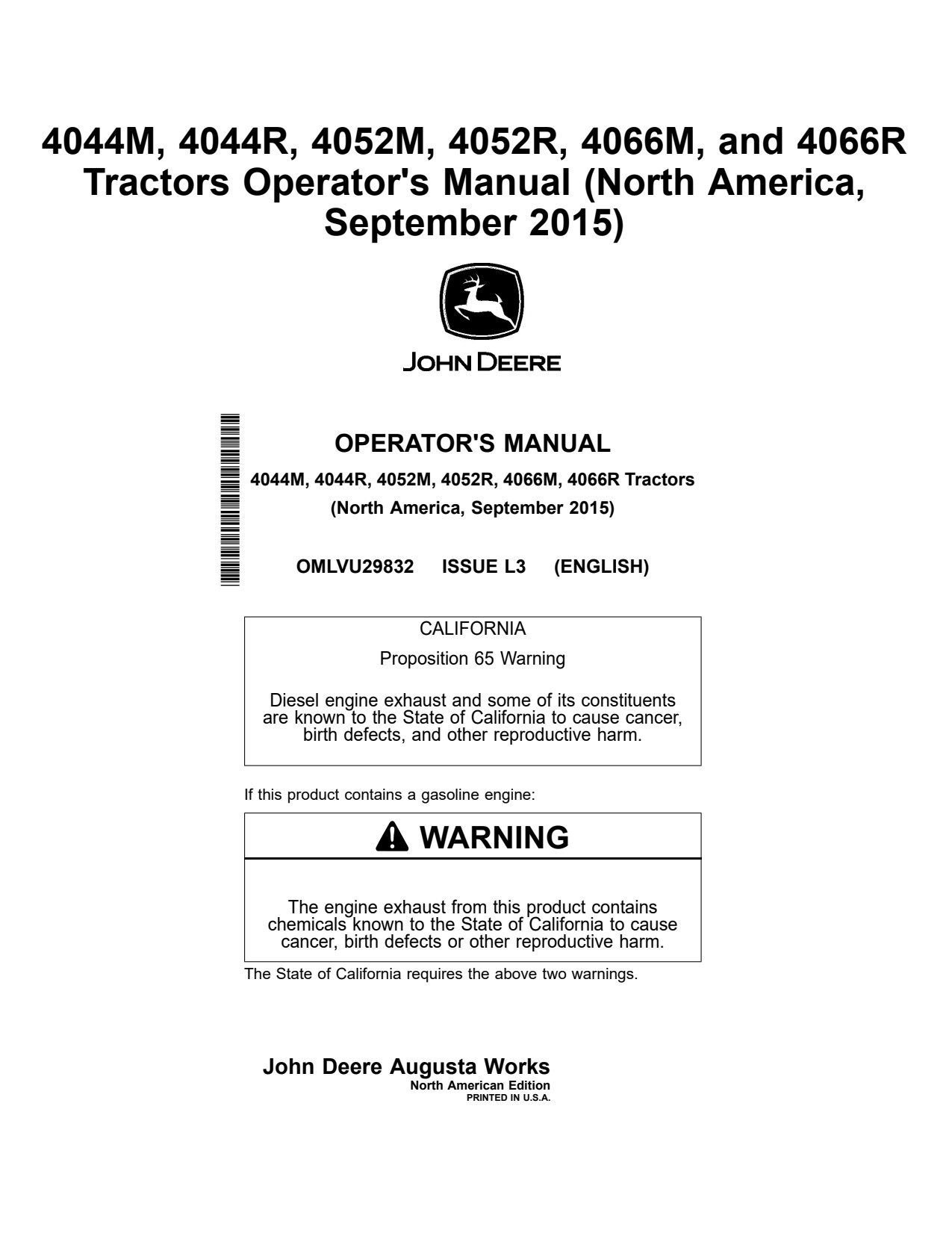 John Deere 4044M 4044R 4052R 4052M 4066M 4066R MY2015 Heavy Duty Tractor Operator Manual OMLVU29832 1 John Deere 4044M 4044R 4052R 4052M 4066M 4066R MY2015 Heavy Duty Tractor Operator Manual OMLVU29832