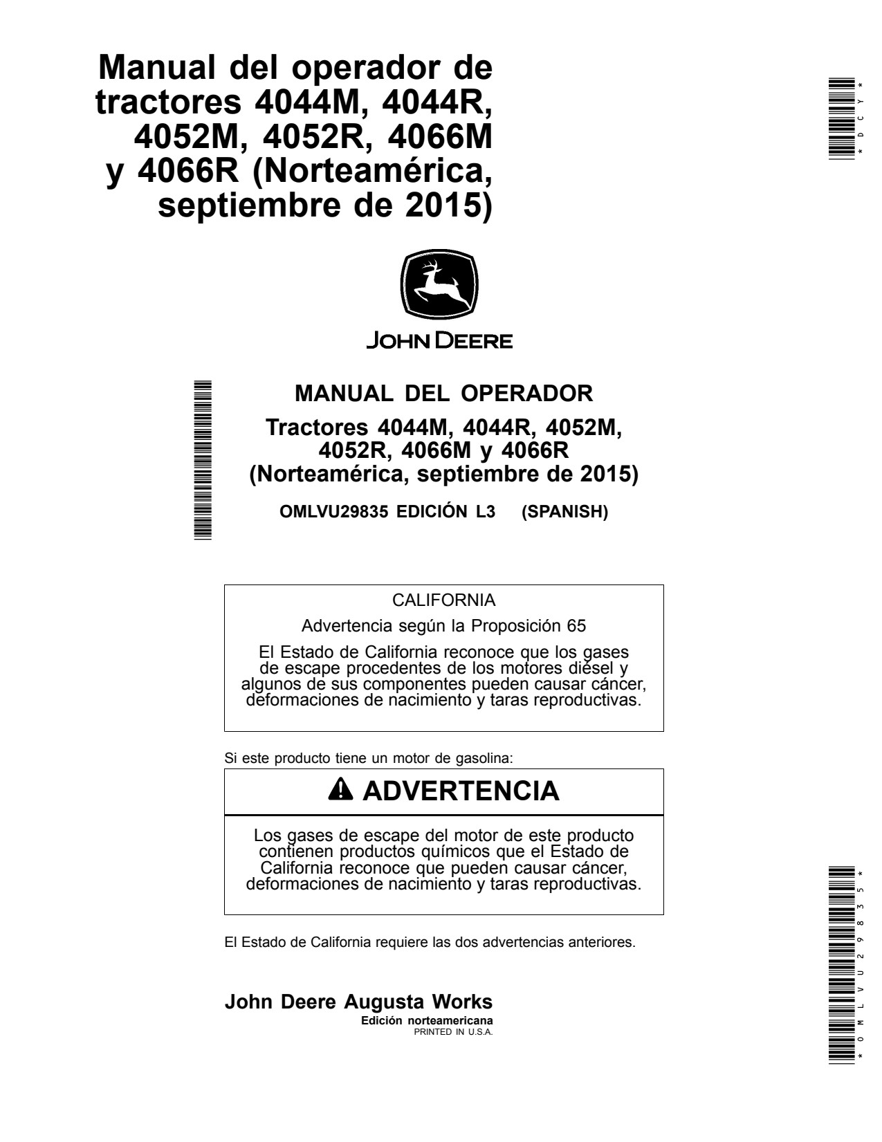 John Deere 4044M 4044R 4052R 4052M 4066M 4066R MY2015 Heavy Duty Tractor Operator Manual OMLVU29835 ES 1 John Deere 4044M 4044R 4052R 4052M 4066M 4066R MY2015 Heavy Duty Tractor Operator Manual OMLVU29835 ES