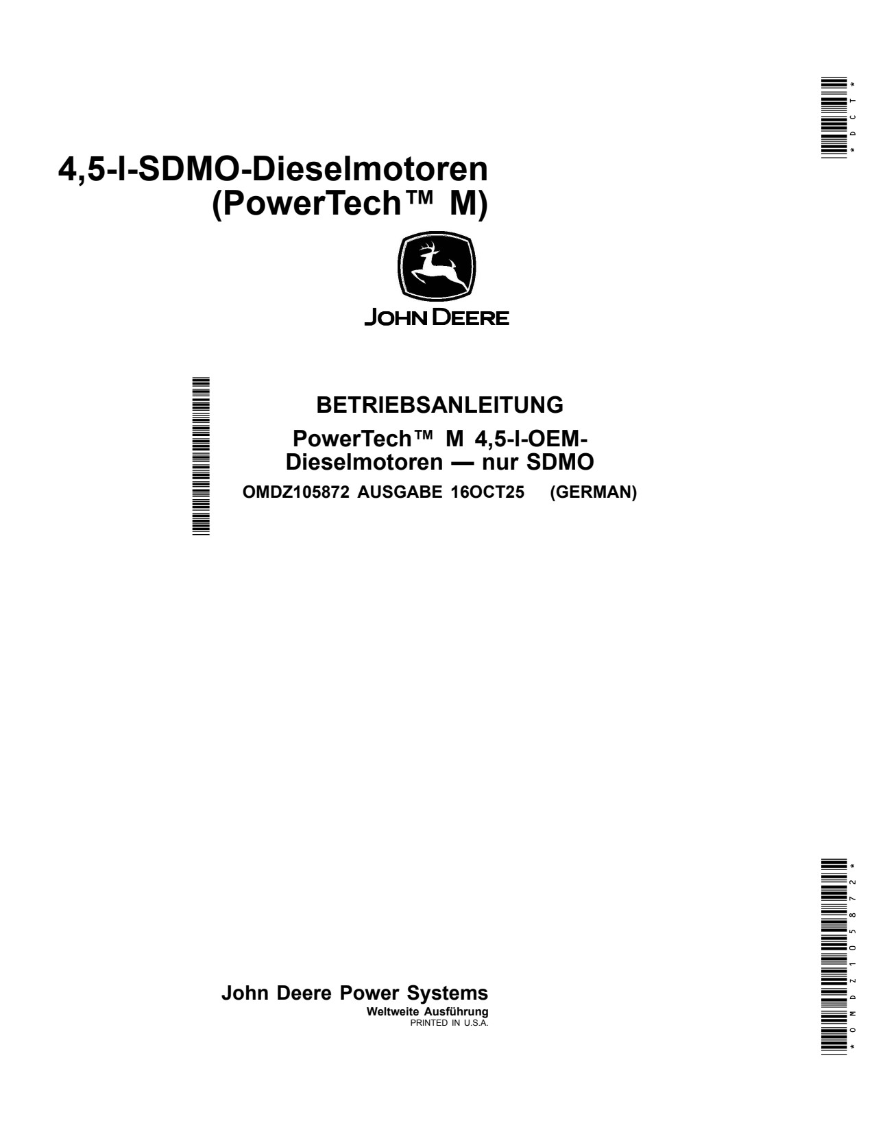 John Deere 4045 4.5 SDMO Diesel Engine Operator Manual OMDZ105872 DE 1 John Deere 4045 4.5 SDMO Diesel Engine Operator Manual OMDZ105872 DE