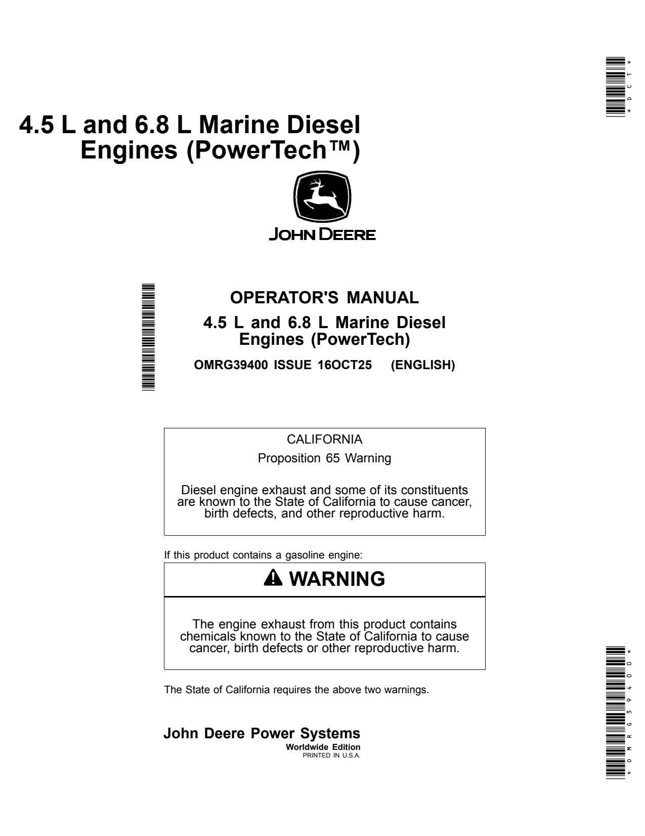 John Deere 4045 4.5L 6068 6.8L 4045AFM85 4045SFM85 4045TFM85 6068AFM85 6068SFM85 Marine Diesel Engine Operator Manual OMRG39400 1 John Deere 4045 4.5L 6068 6.8L 4045AFM85 4045SFM85 4045TFM85 6068AFM85 6068SFM85 Marine Diesel Engine Operator Manual OMRG39400