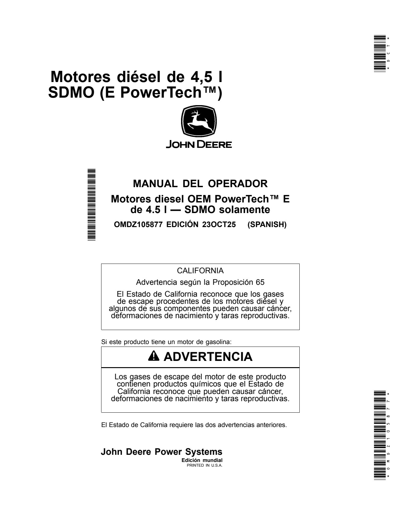 John Deere 4045 4.5L SDMO Diesel Engine Operator Manual OMDZ105877 ES 1 John Deere 4045 4.5L SDMO Diesel Engine Operator Manual OMDZ105877 ES