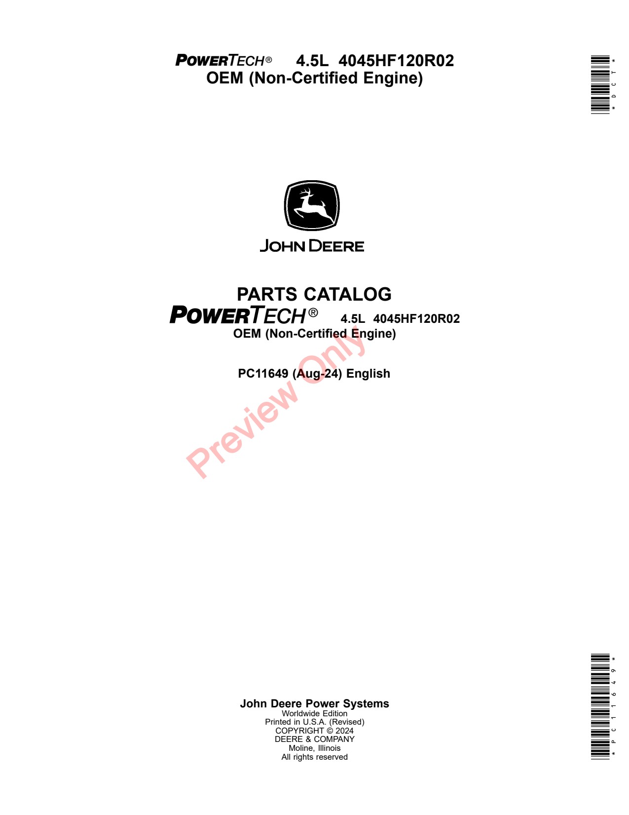 John Deere 4045HF120R02 5L Non-certified Engine Parts Catalog PC11649 1 John Deere 4045HF120R02 5L Non-certified Engine Parts Catalog PC11649