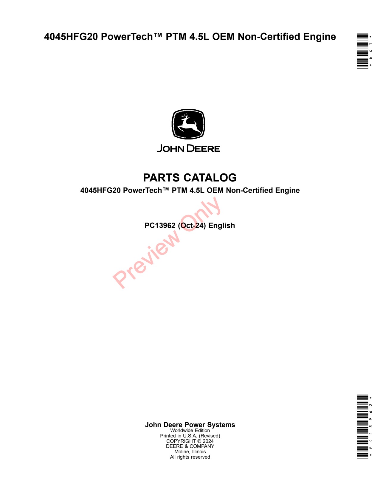 John Deere 4045HFG20 5L OEM Non-certified Engine Parts Catalog PC13962 1 John Deere 4045HFG20 5L OEM Non-certified Engine Parts Catalog PC13962