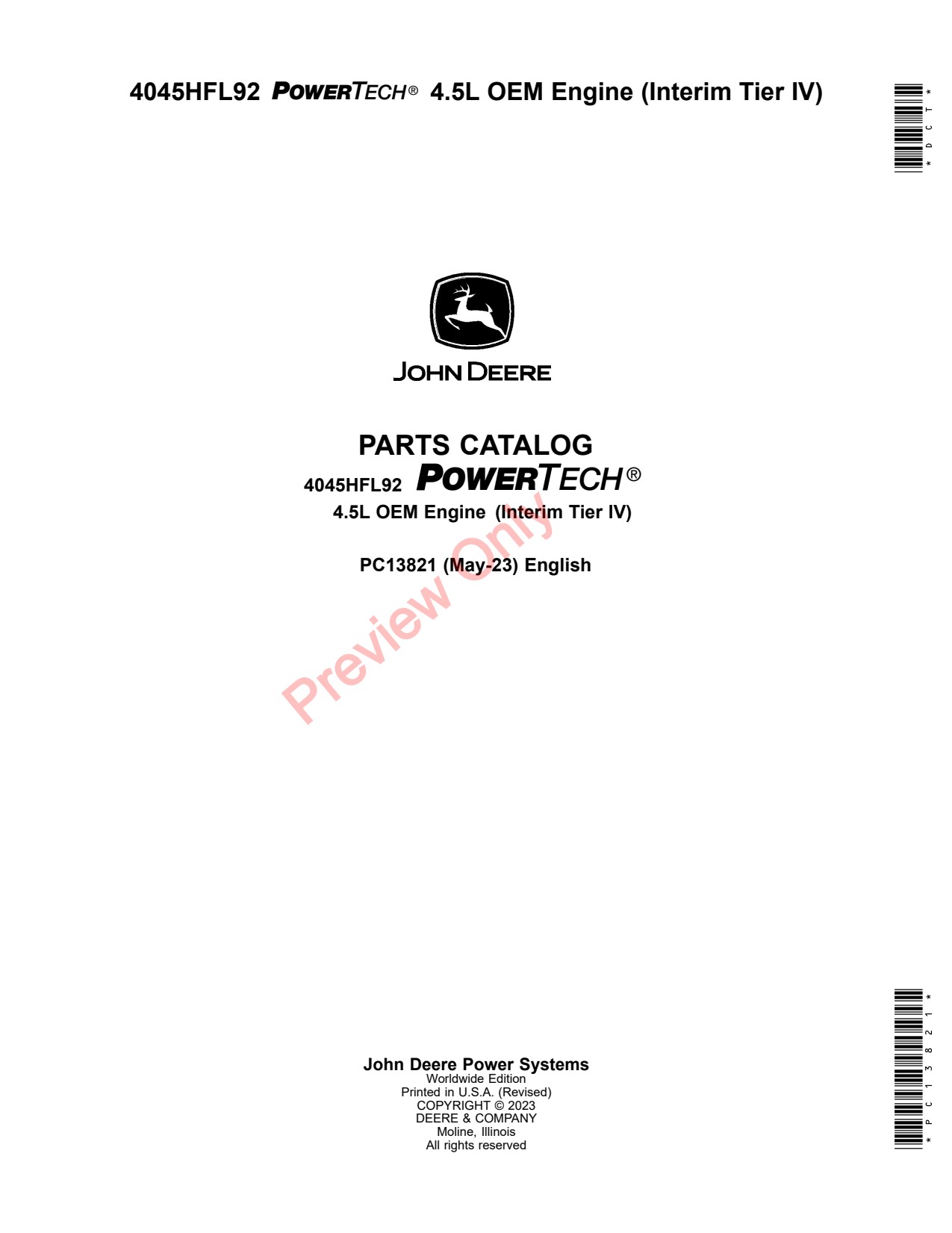 John Deere 4045HFL92 5L OEM Engine Parts Catalog PC13821 1 John Deere 4045HFL92 5L OEM Engine Parts Catalog PC13821
