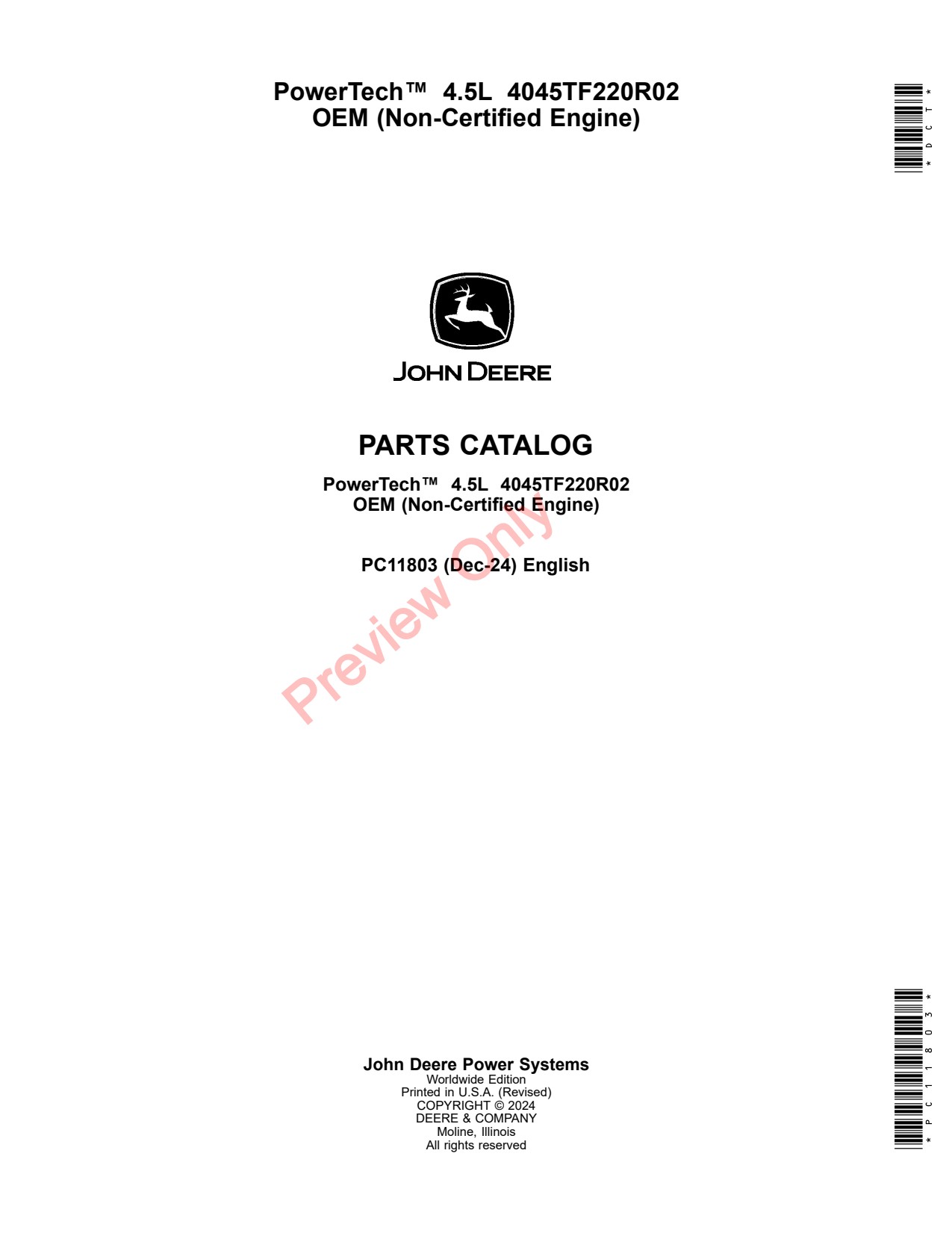 John Deere 4045TF220R02 5L Non-certified Engine Parts Catalog PC11803 1 John Deere 4045TF220R02 5L Non-certified Engine Parts Catalog PC11803