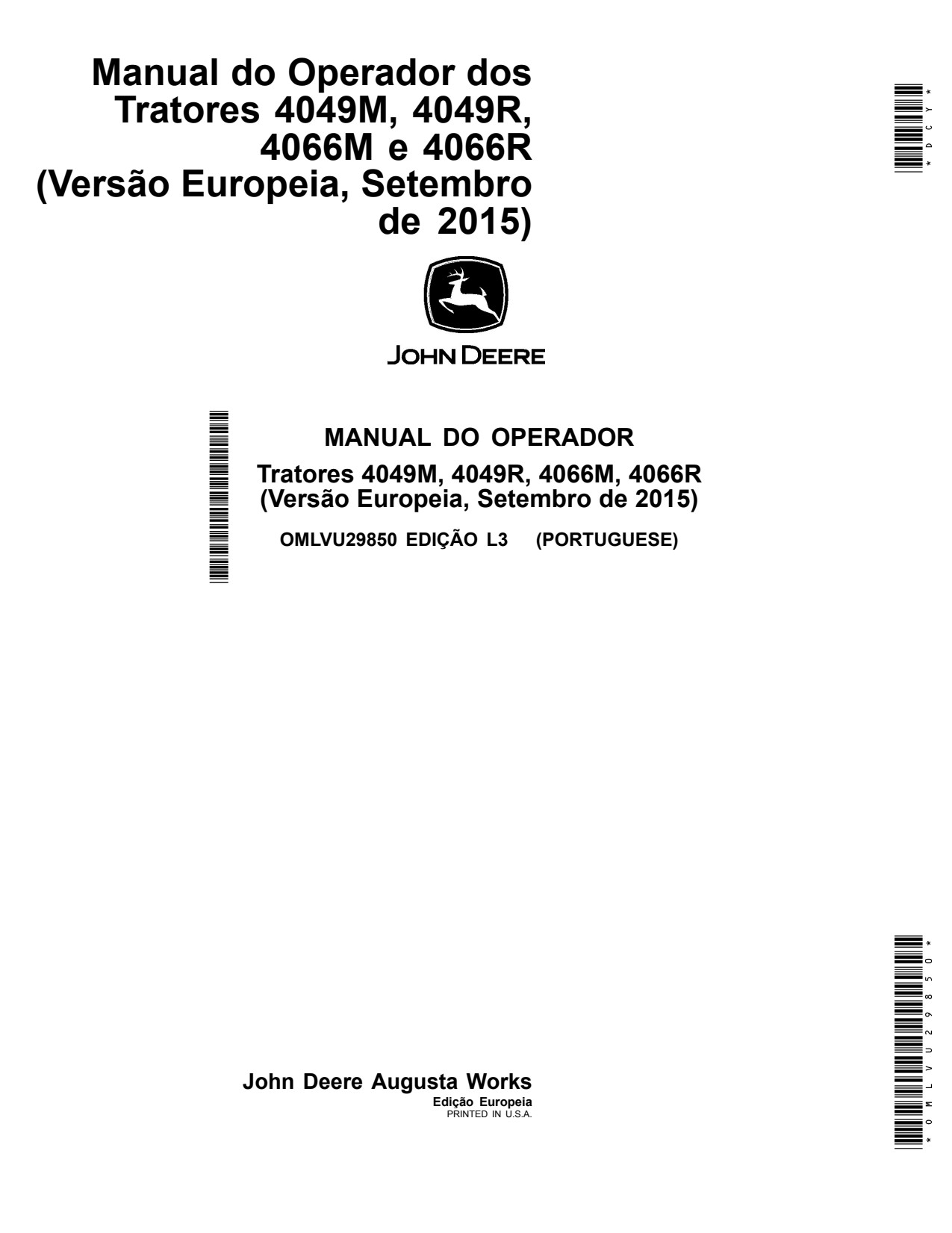 John Deere 4049M 4049R 4066M 4066R Tractor Operator Manual OMLVU29850 PT 1 John Deere 4049M 4049R 4066M 4066R Tractor Operator Manual OMLVU29850 PT