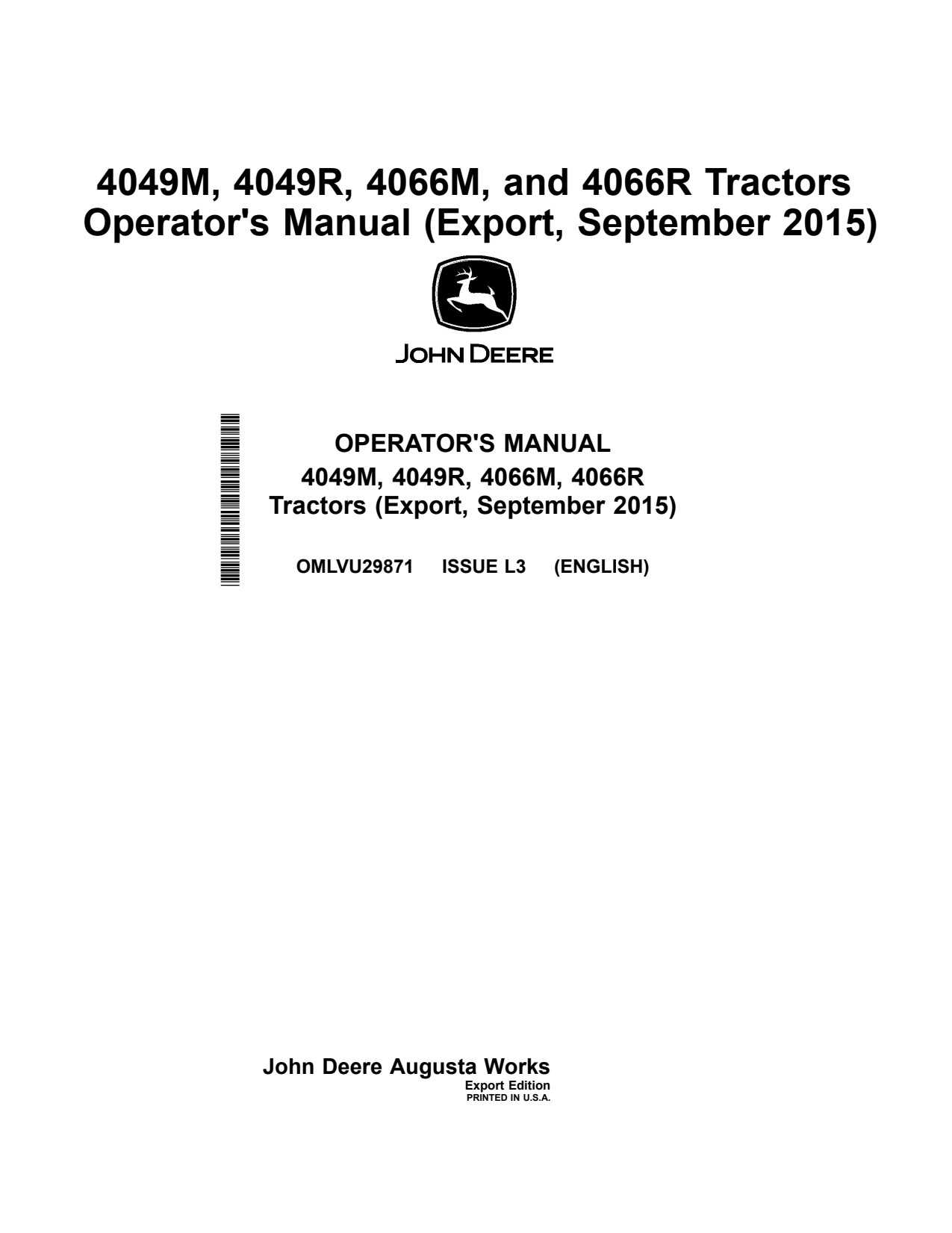John Deere 4049M 4049R 4066M 4066R Tractor Operator Manual OMLVU29871 1 John Deere 4049M 4049R 4066M 4066R Tractor Operator Manual OMLVU29871