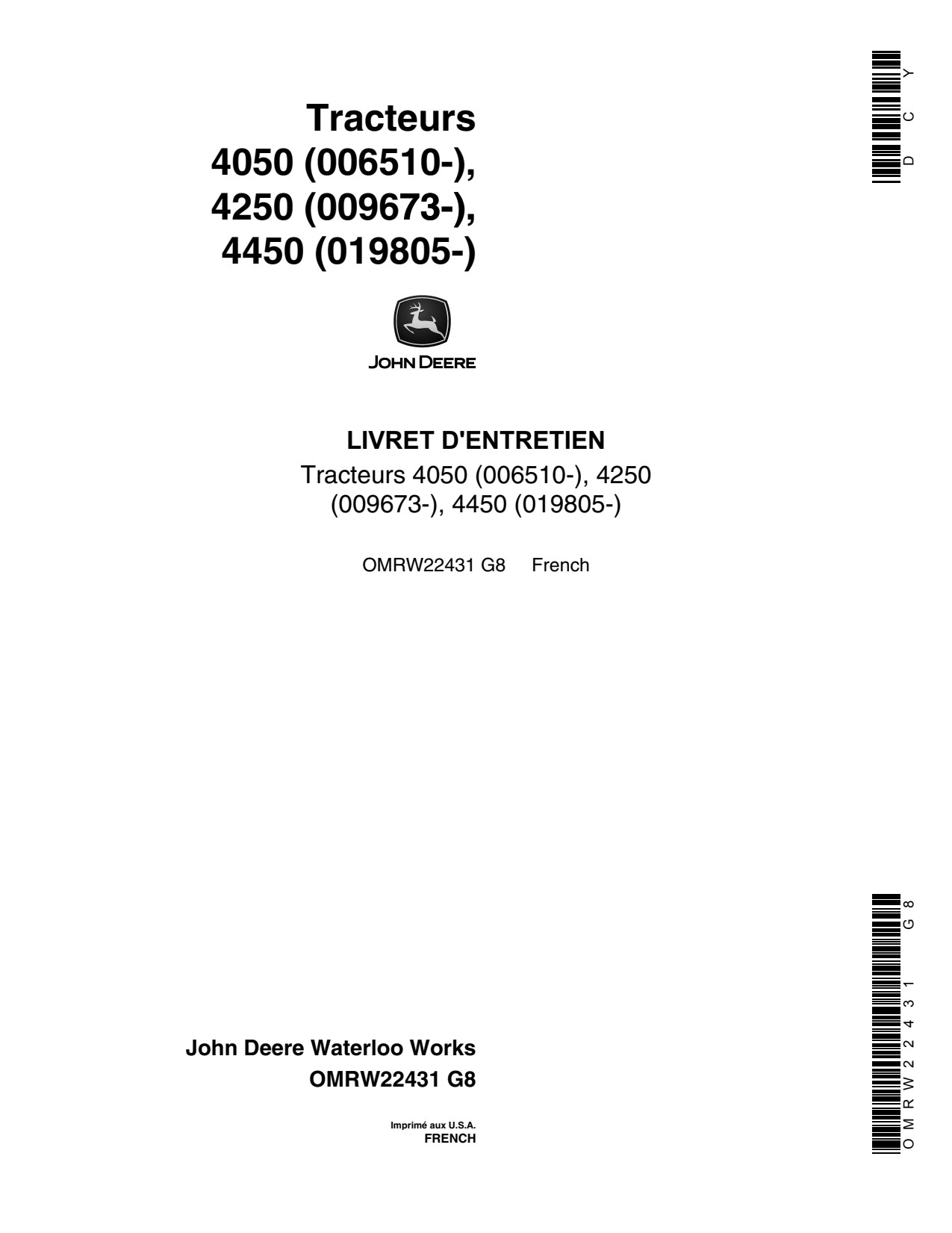 John Deere 4050 to 4450 Tractor Operator Manual OMRW22431 FR 1 John Deere 4050 to 4450 Tractor Operator Manual OMRW22431 FR