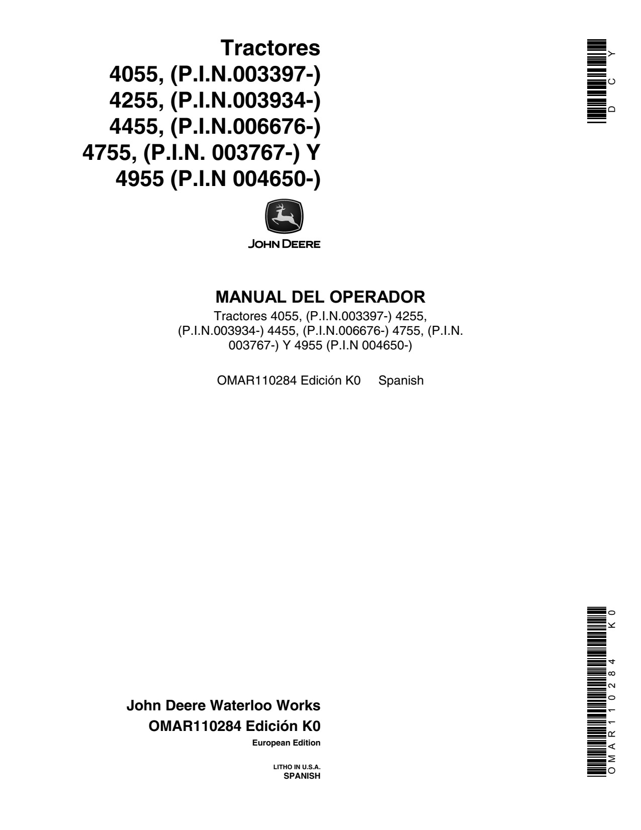 John Deere 4055 to 4455 4755 4955 Tractor Operator Manual OMAR110284 ES 1 John Deere 4055 to 4455 4755 4955 Tractor Operator Manual OMAR110284 ES