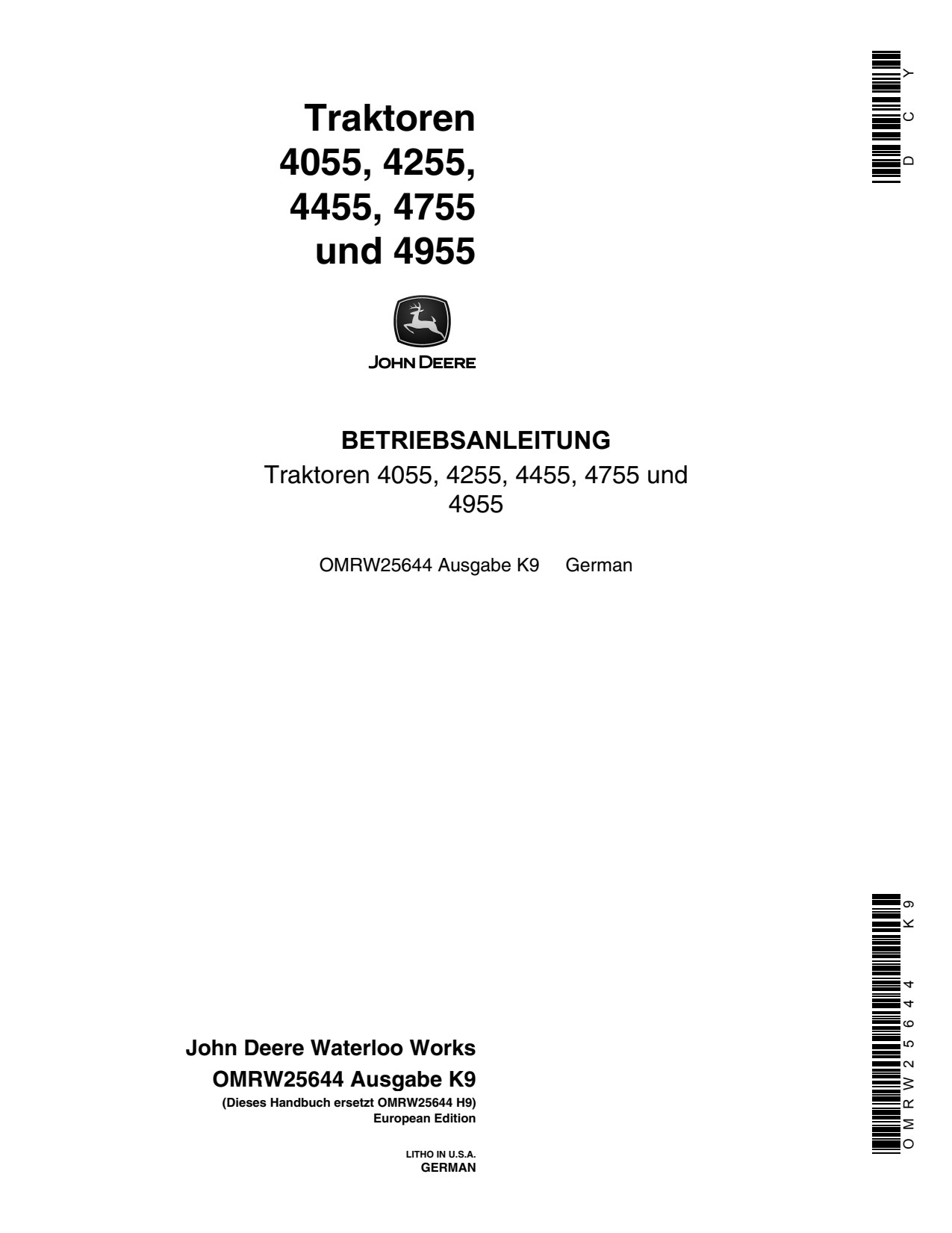 John Deere 4055 to 4455 4755 4955 Tractor Operator Manual OMRW25644 DE 1 John Deere 4055 to 4455 4755 4955 Tractor Operator Manual OMRW25644 DE